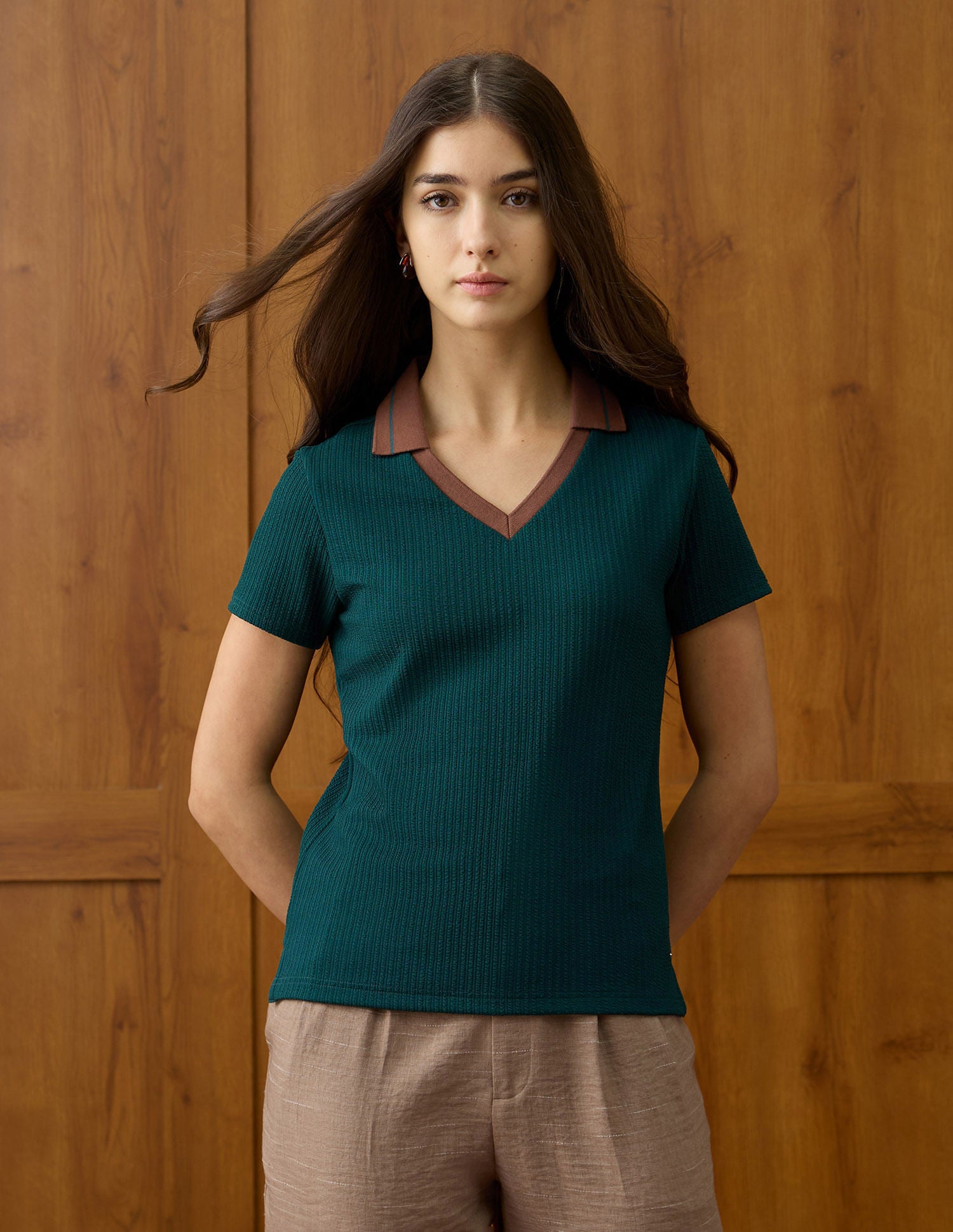 Textured V-Neck Polo Shirt Green - U.S. Polo Assn. India | Large