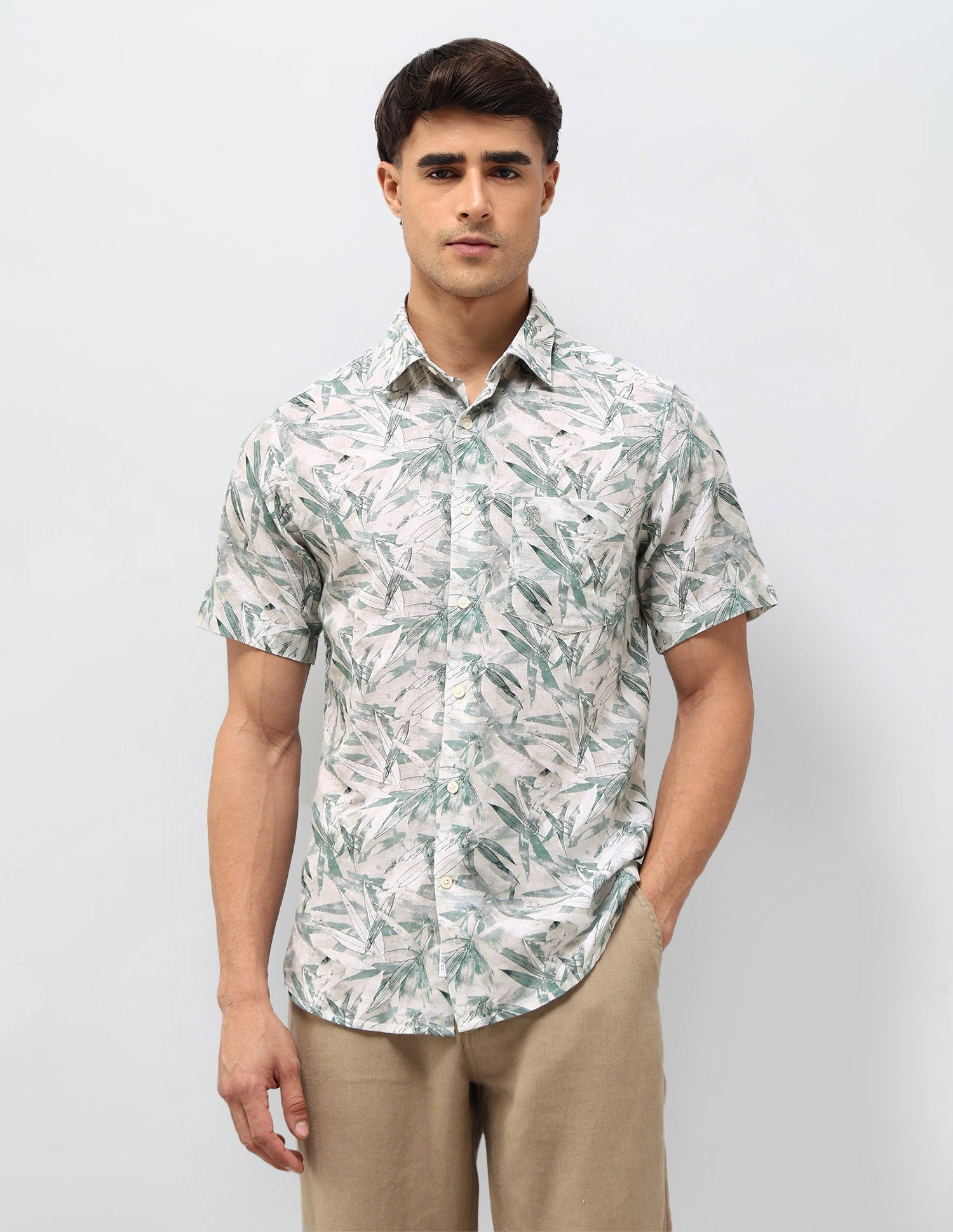 Tropical Printed Tailored Fit Shirt Green - U.S. POLO ASSN. | Large