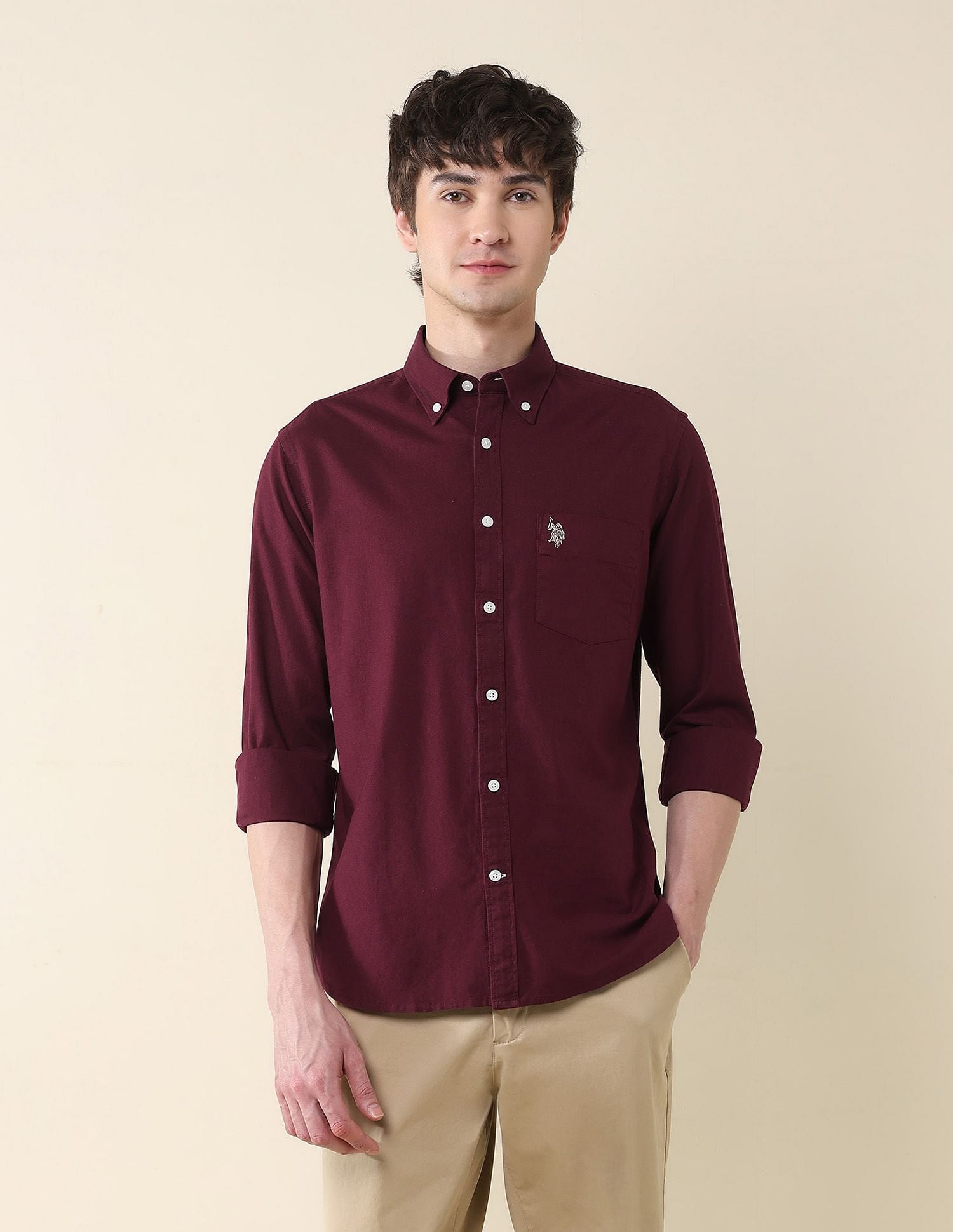 Solid Oxford Stretch Button Down Shirt Maroon - U.S. Polo Assn. India | Large