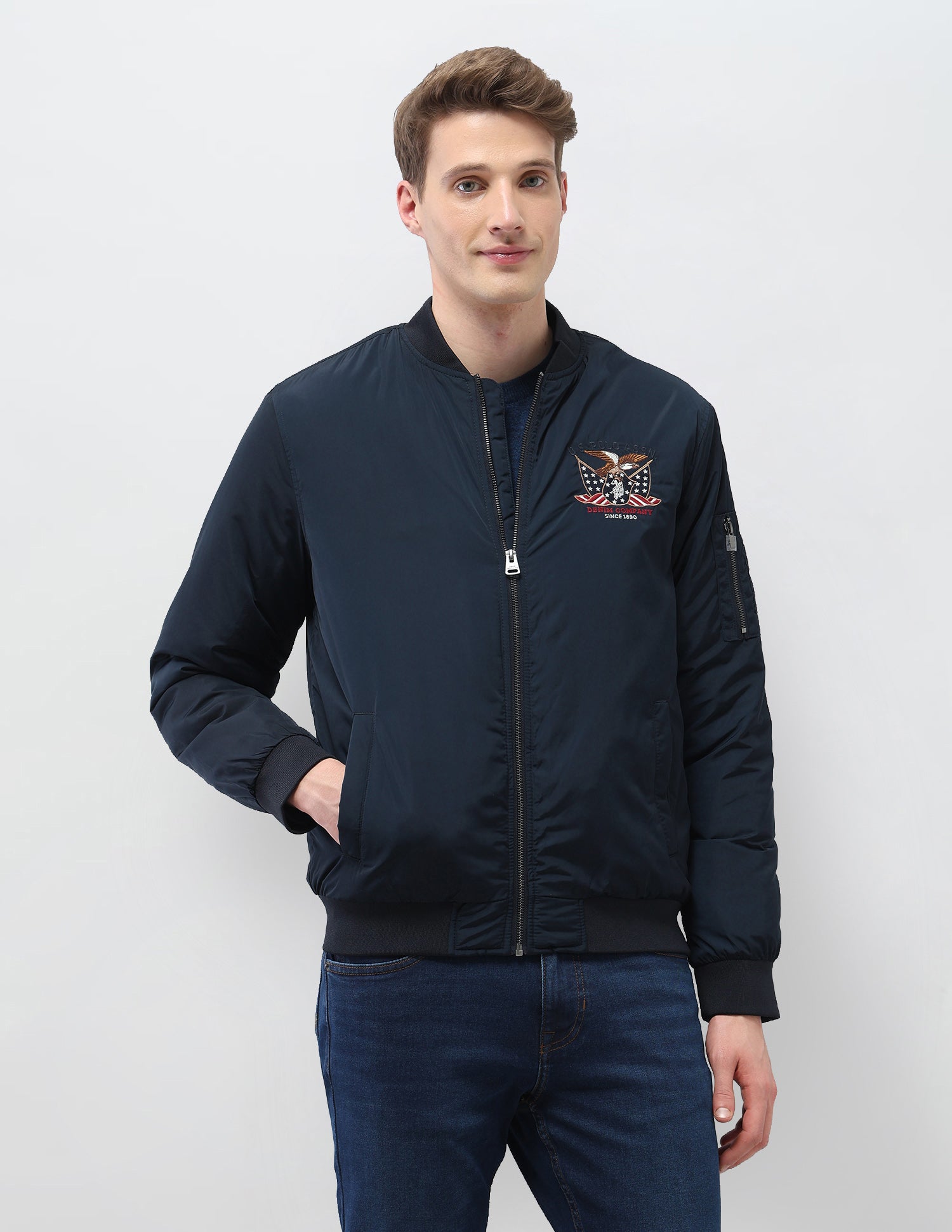 Solid Regular Fit Bomber Jacket Navy - U.S. Polo Assn. India | Large