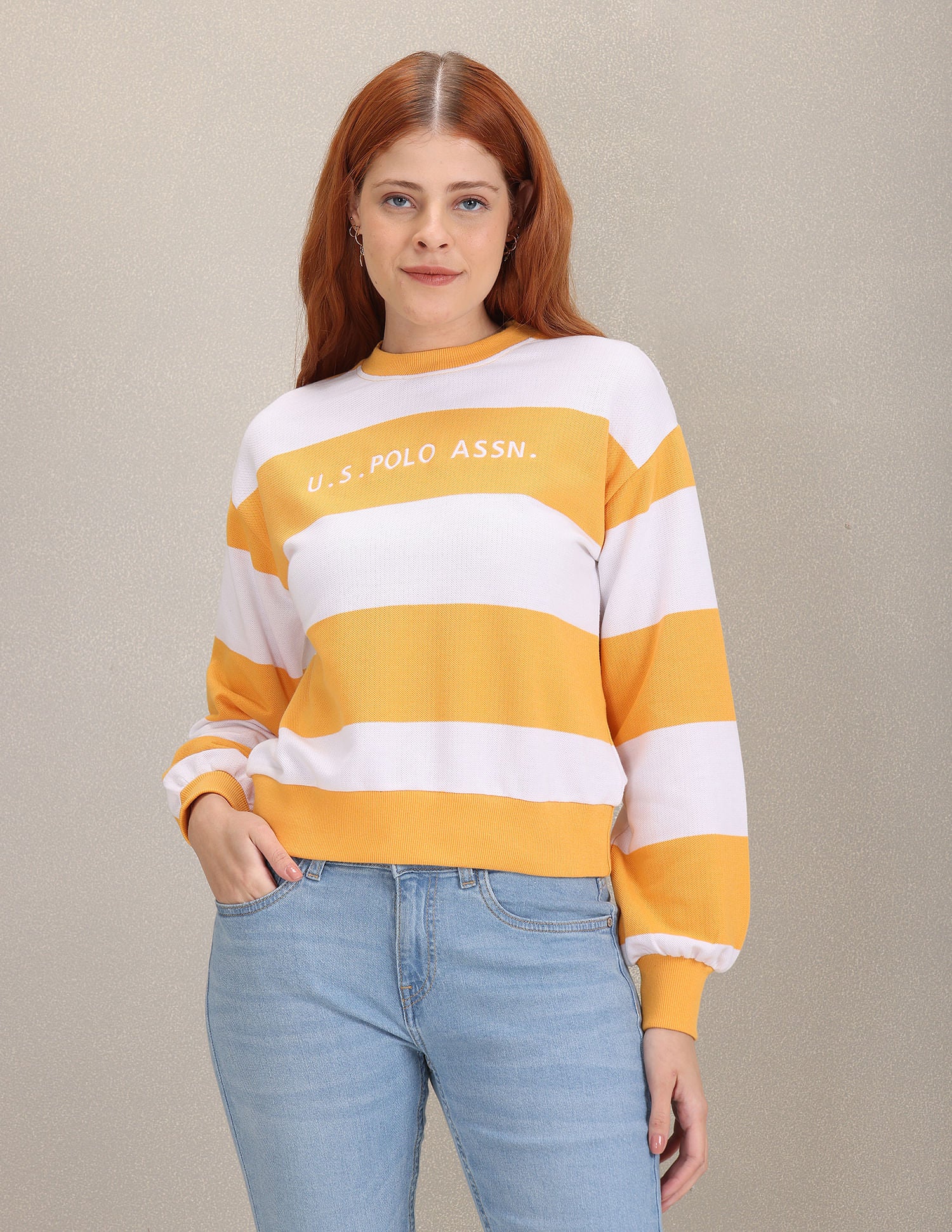 Crew Neck Colour Block Sweatshirt Mustard and White - U.S. Polo Assn. India | Large