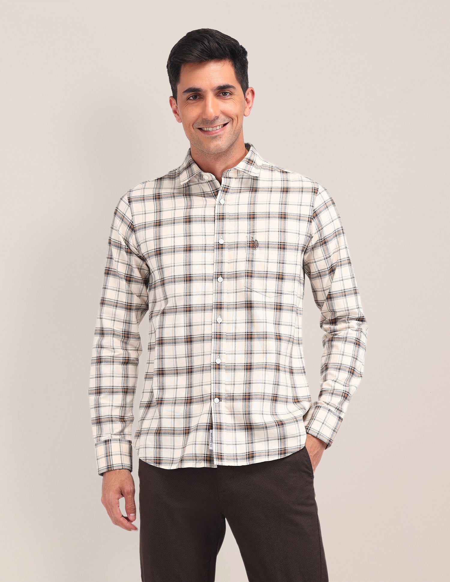 Dupplin Checked Tailored Fit Shirt Ecru - U.S. Polo Assn. India | Large