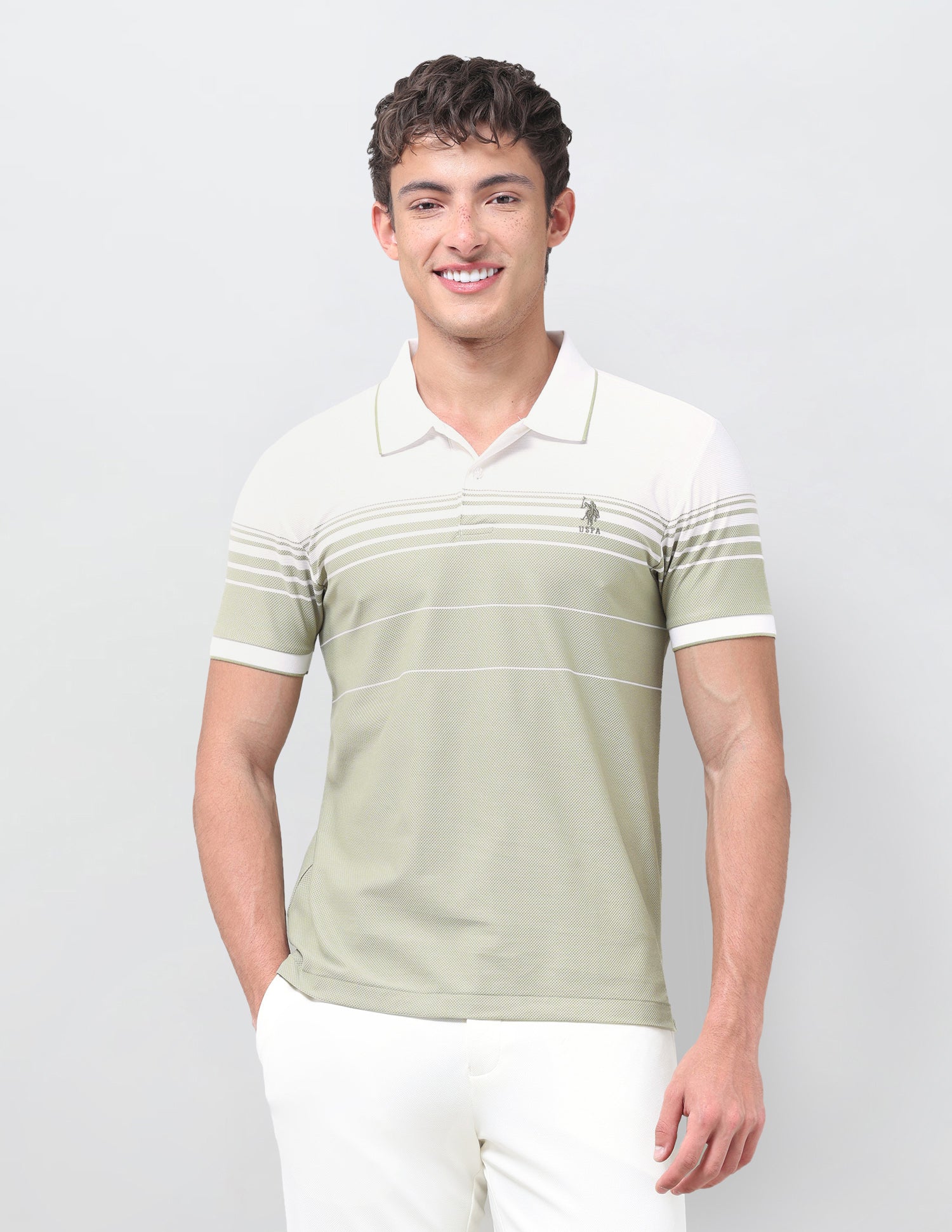 Horizontal Striped Slim Fit Polo Shirt Light Green - U.S. Polo Assn. India | Large