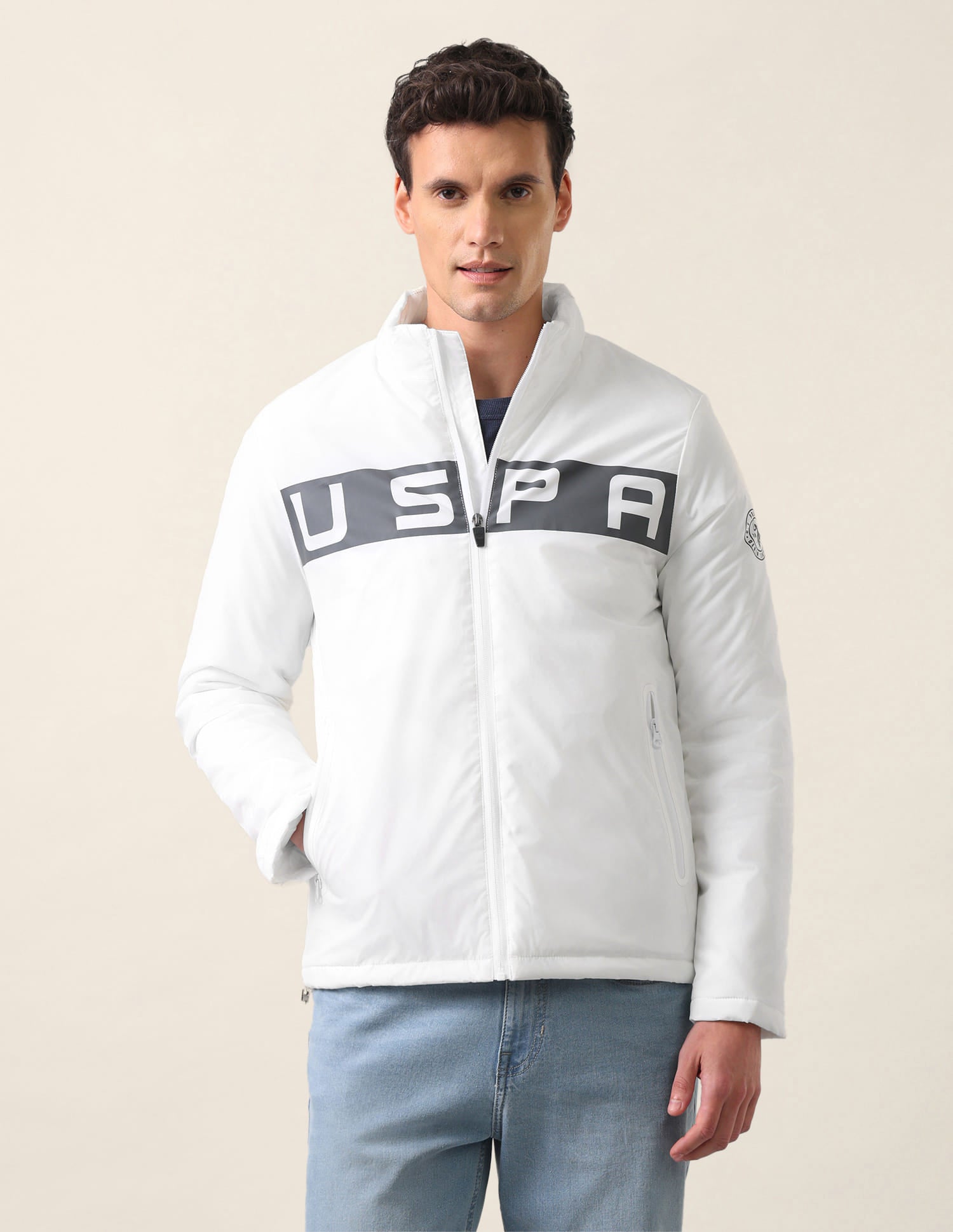 High Neck Brand Print Polyester Casual Jacket White - U.S. Polo Assn. India | Large