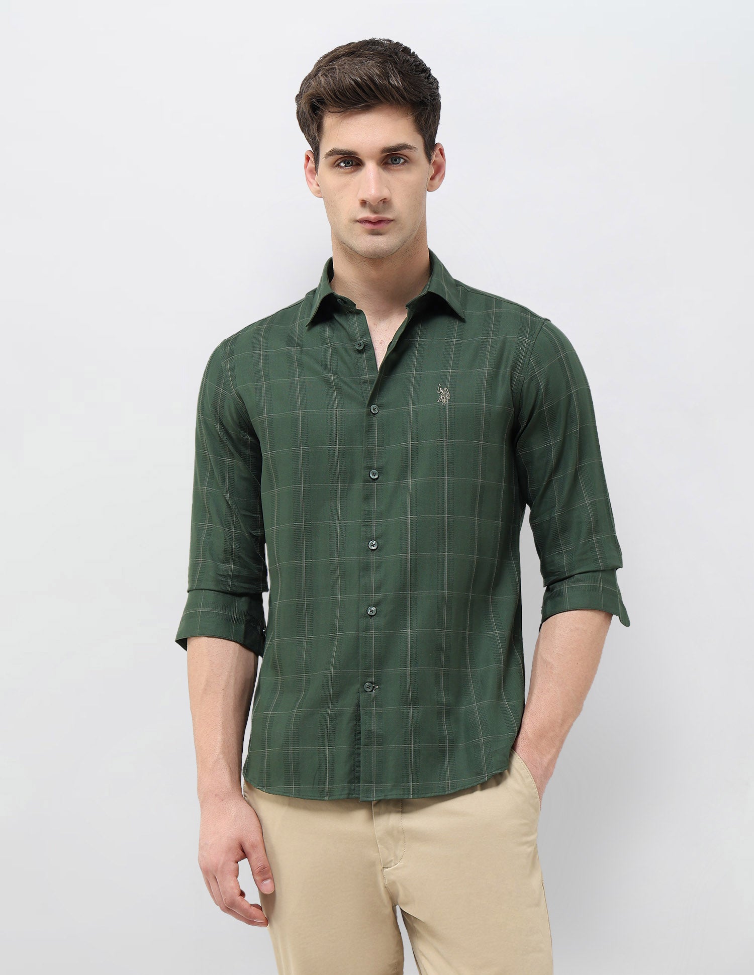 Textured With Grid Checked Dobby Shirt Green - U.S. POLO ASSN. | Large