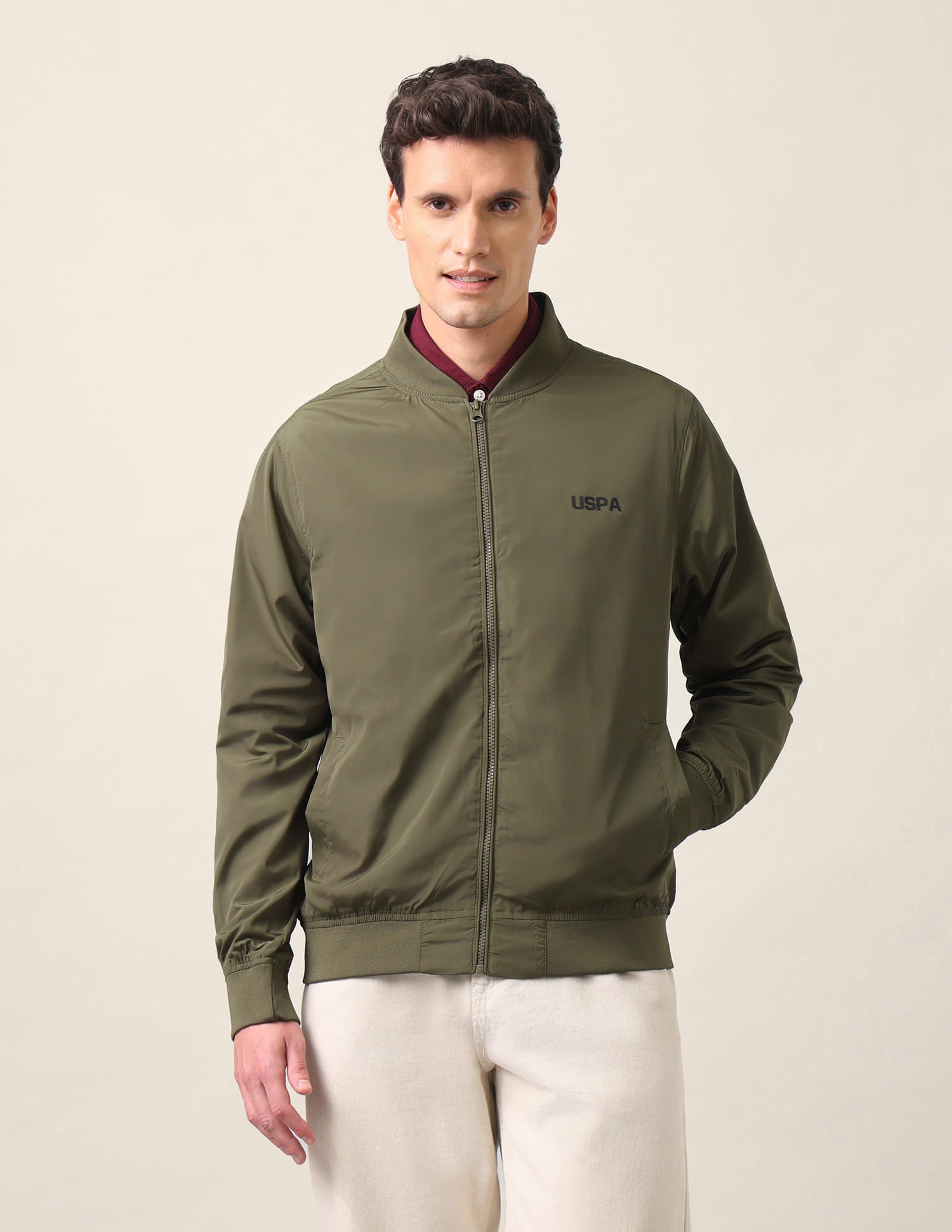 Solid Polyester Bomber Jacket Olive - U.S. Polo Assn. India | Large