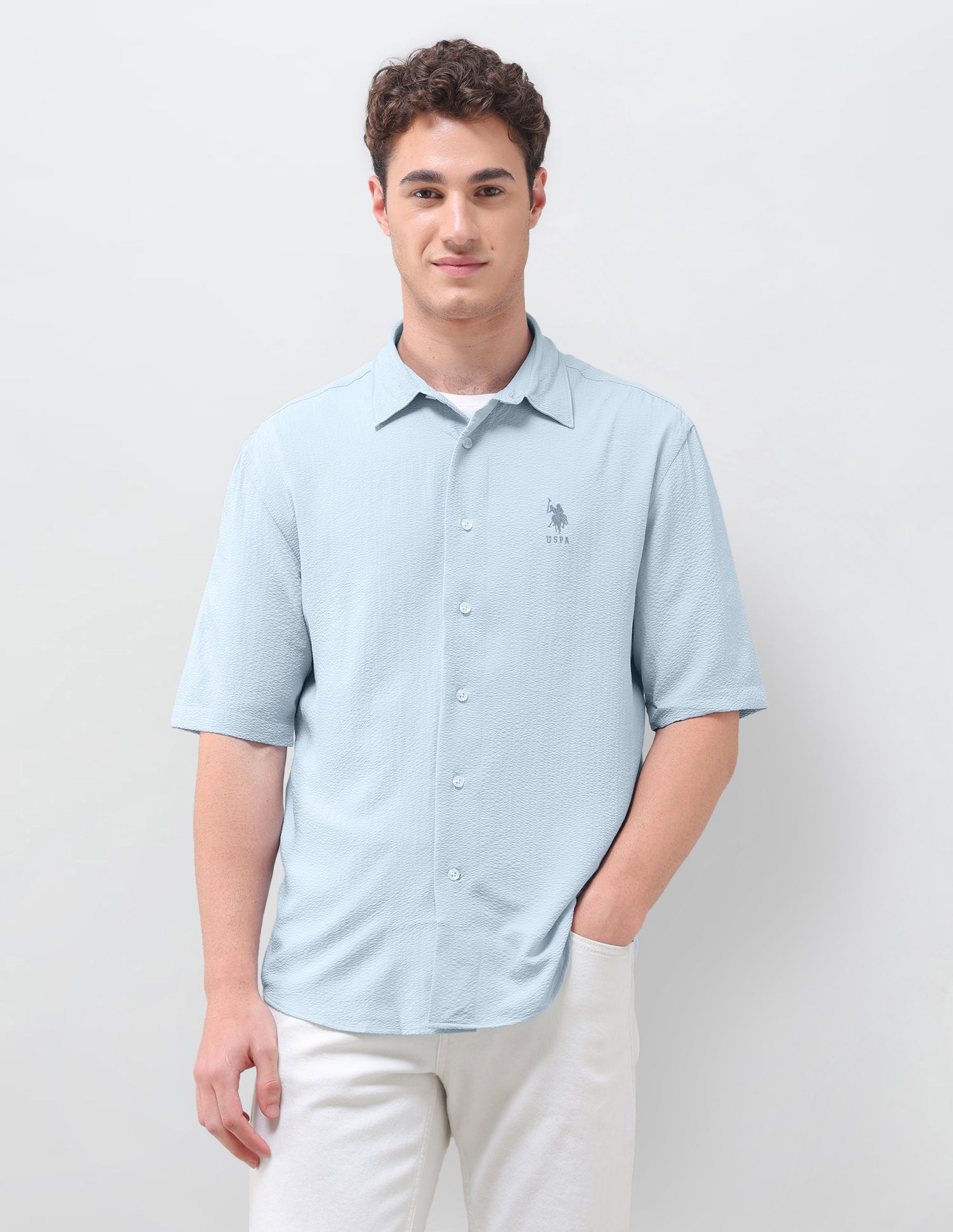 Crinkle Weave Relaxed Fit Shirt Light Blue - U.S. Polo Assn. India | Large