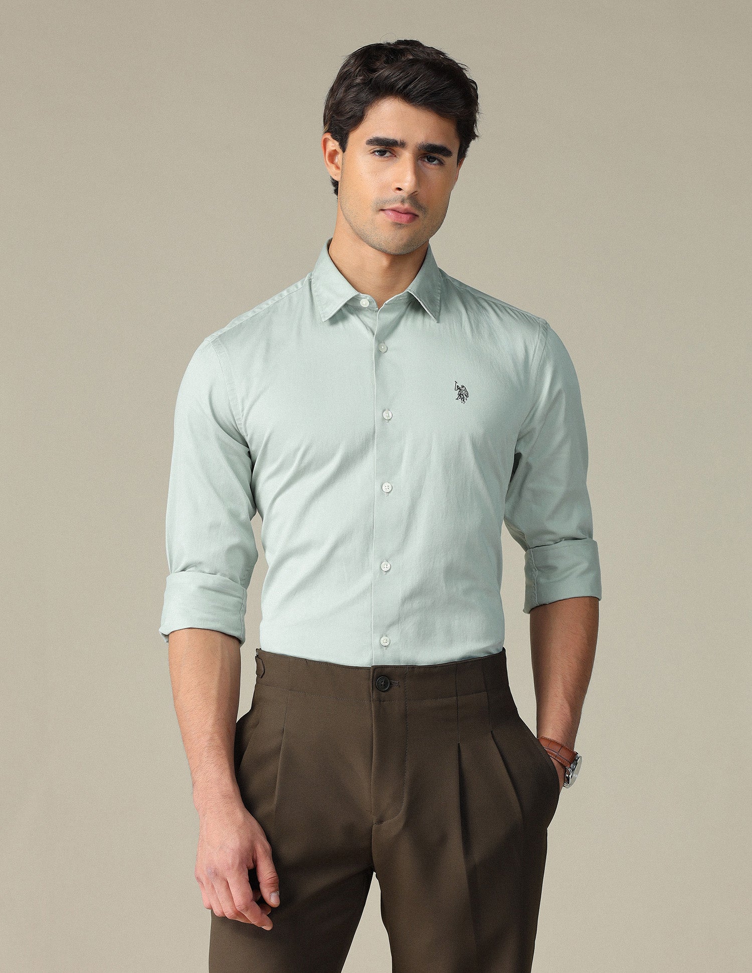 Pure Cotton Satin Shirt Green - U.S. POLO ASSN. | Large