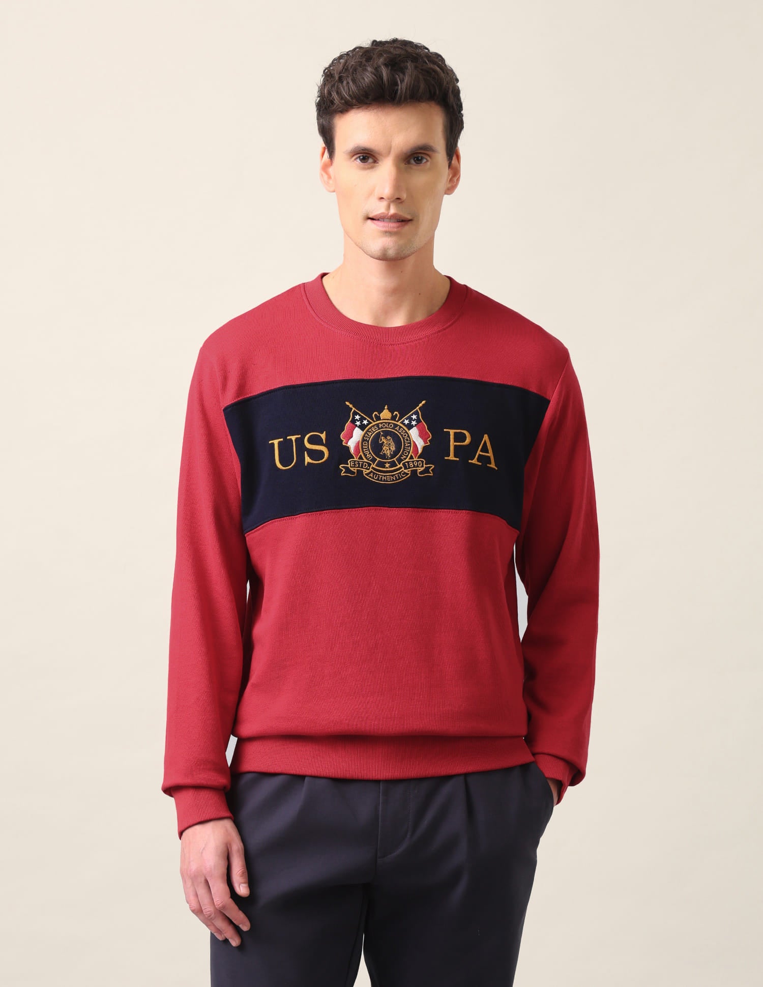 Crew Neck Solid Cotton Sweatshirt Red - U.S. Polo Assn. India | Large