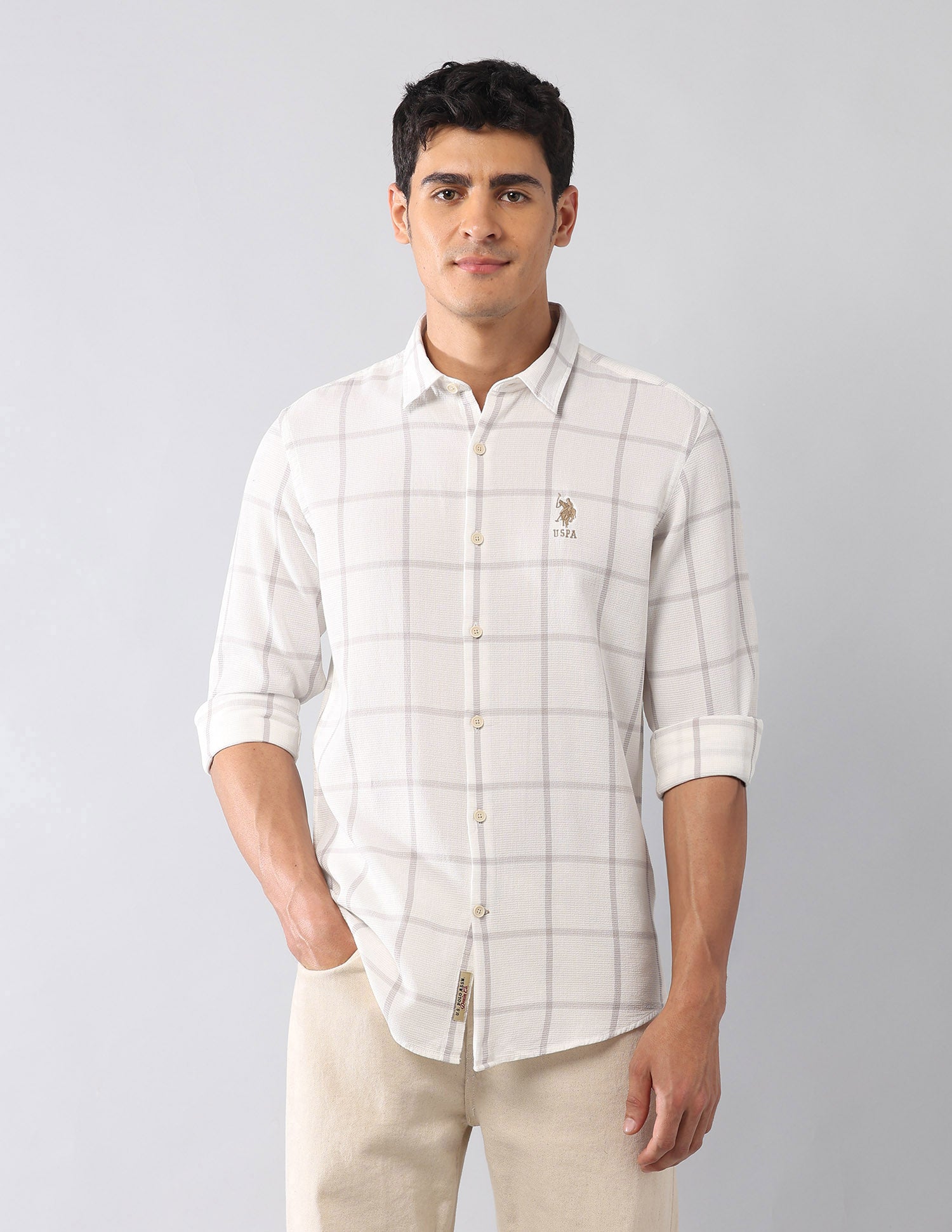 Windowpane Checked Dobby Regular Fit Shirt Khaki - U.S. Polo Assn. India | Large