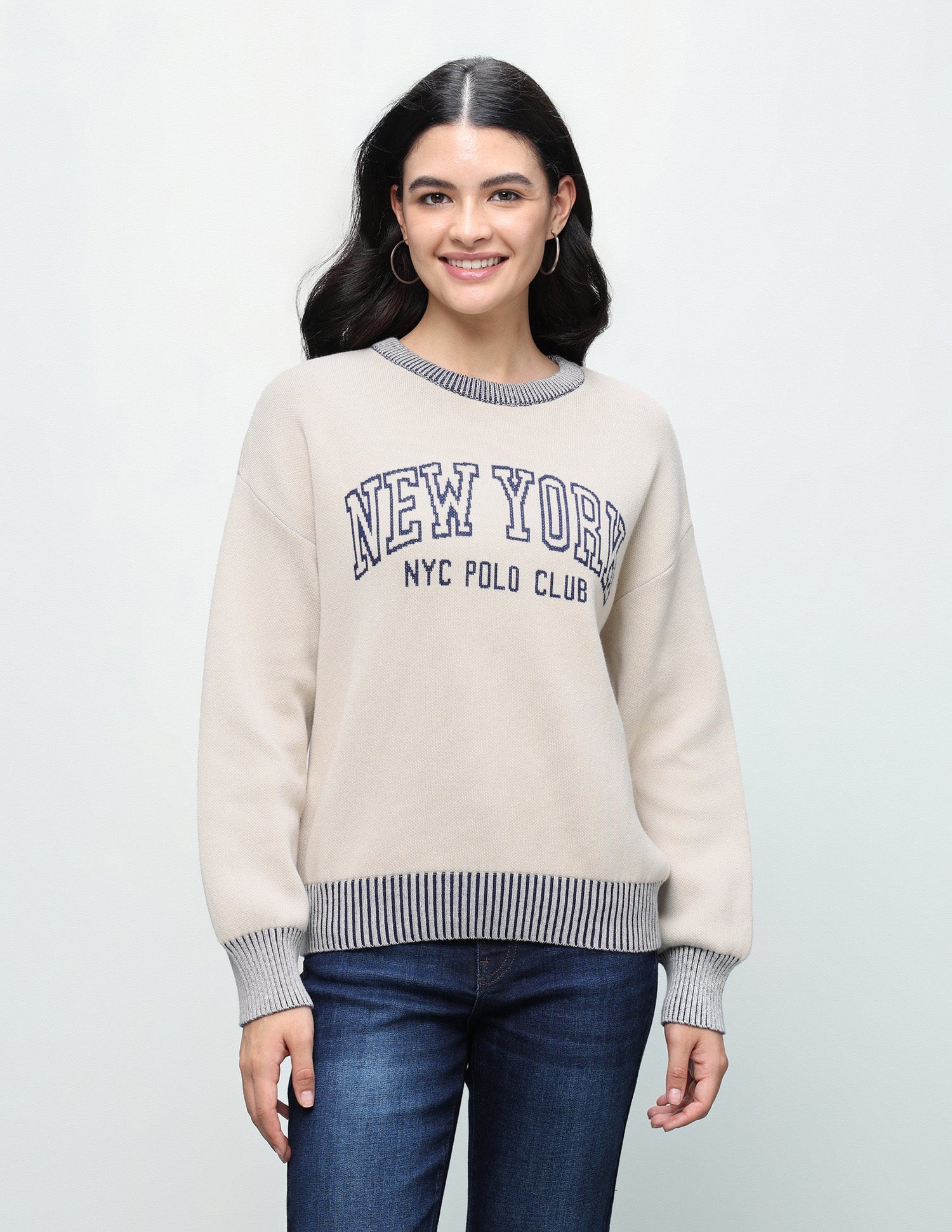 Typographic Patterned Knit Oversized Fit Sweater Off White - U.S. Polo Assn. India | Large