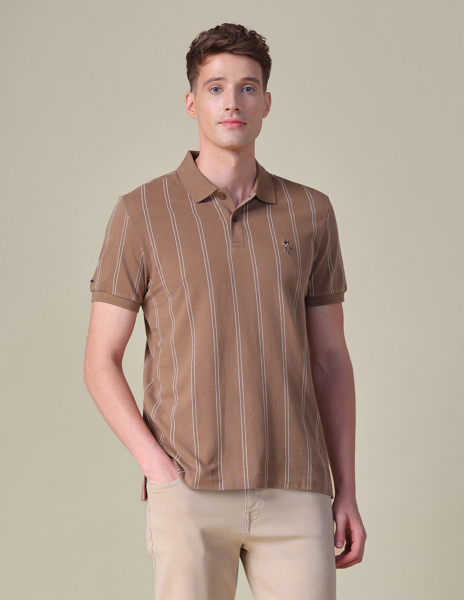 Vertical Striped Slim Fit Polo Shirt Light Brown - U.S. POLO ASSN. | Large