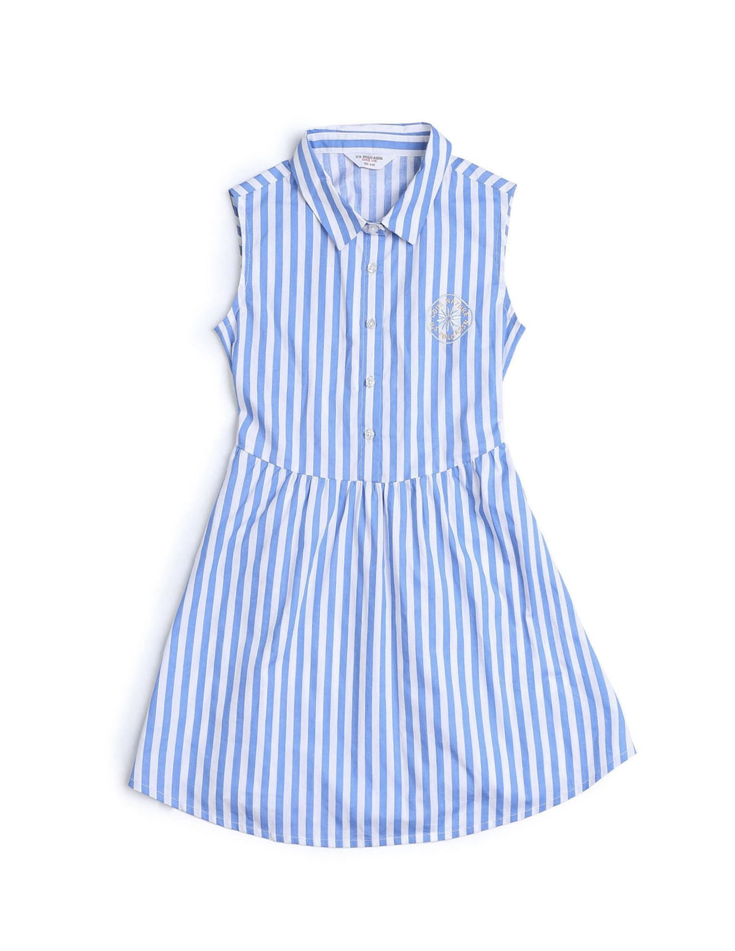 Girls Vertical Striped Fit And Flare Dress Light Blue - U.S. POLO ASSN. | Large