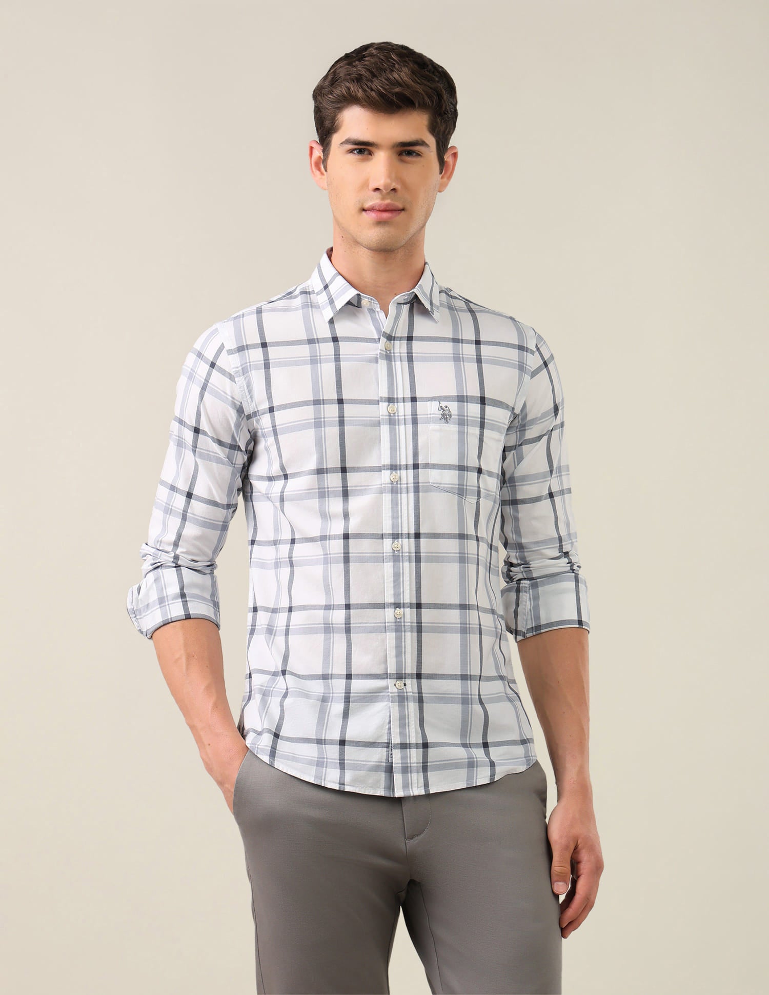 Grid Tattersall Checked Tailored Fit Shirt Grey - U.S. Polo Assn. India | Large