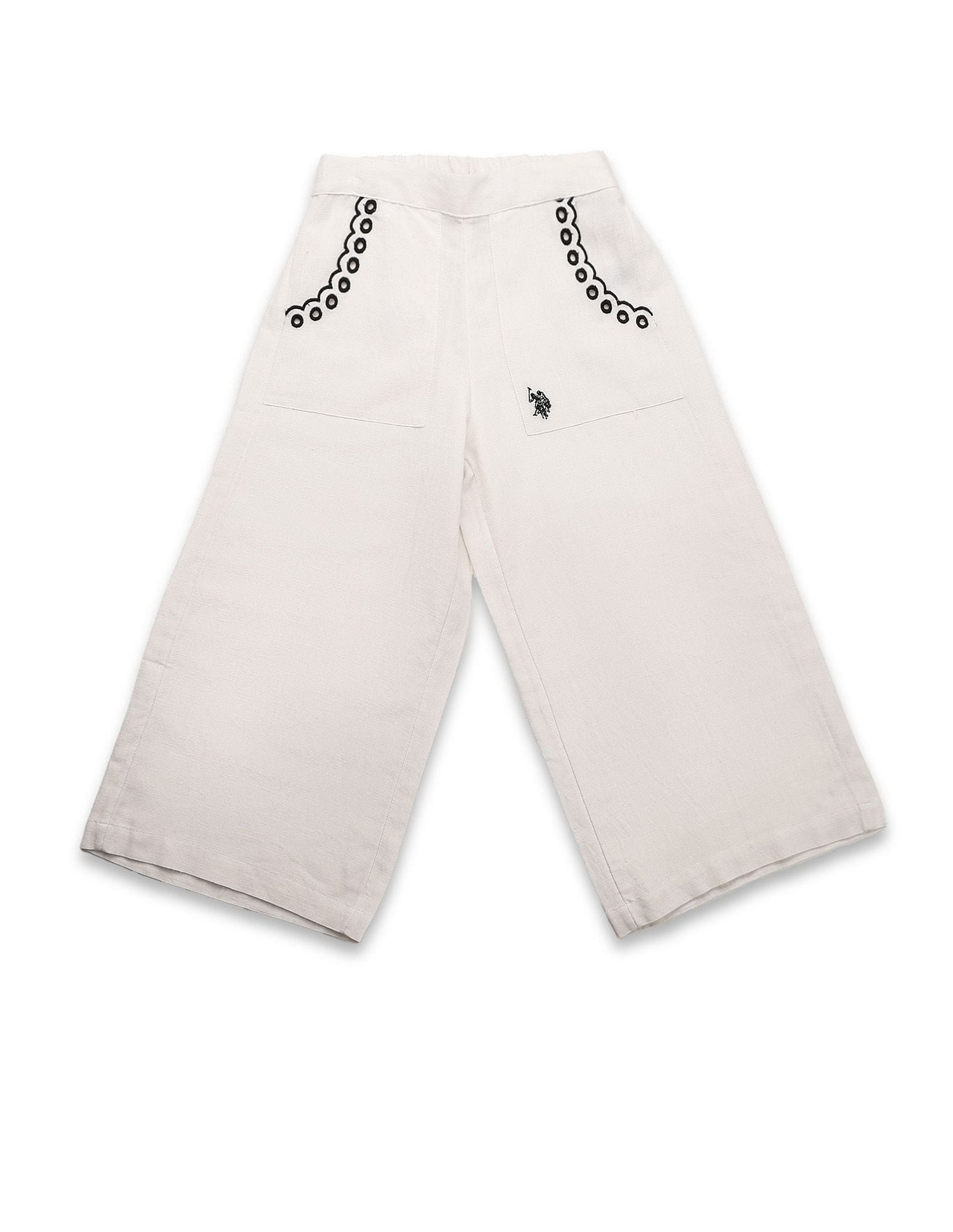 Girls Wide Leg Embroidered Trousers Ecru - U.S. POLO ASSN. | Large