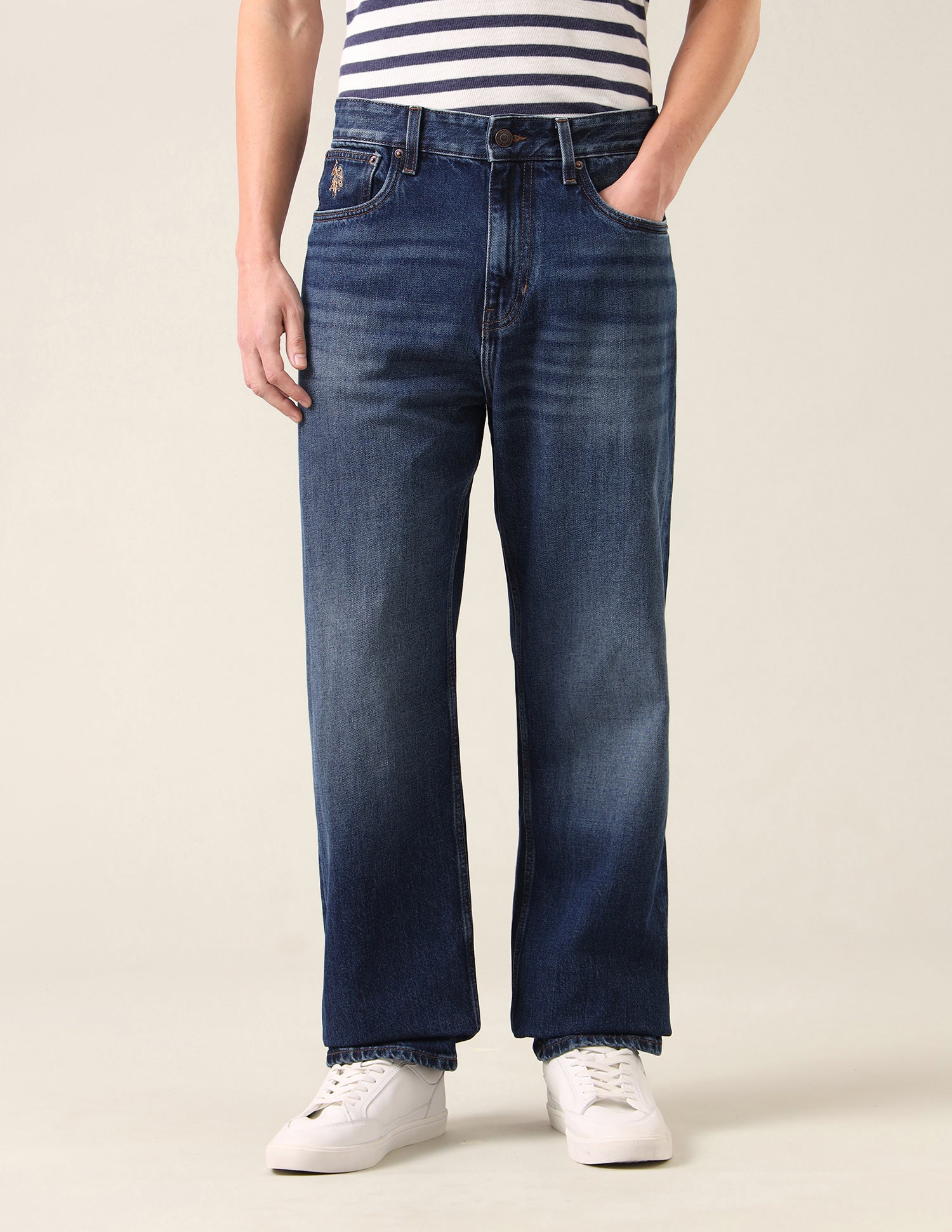 Logan Loose Straight Fit Whiskered Jeans Dark Blue - U.S. Polo Assn. India | Large