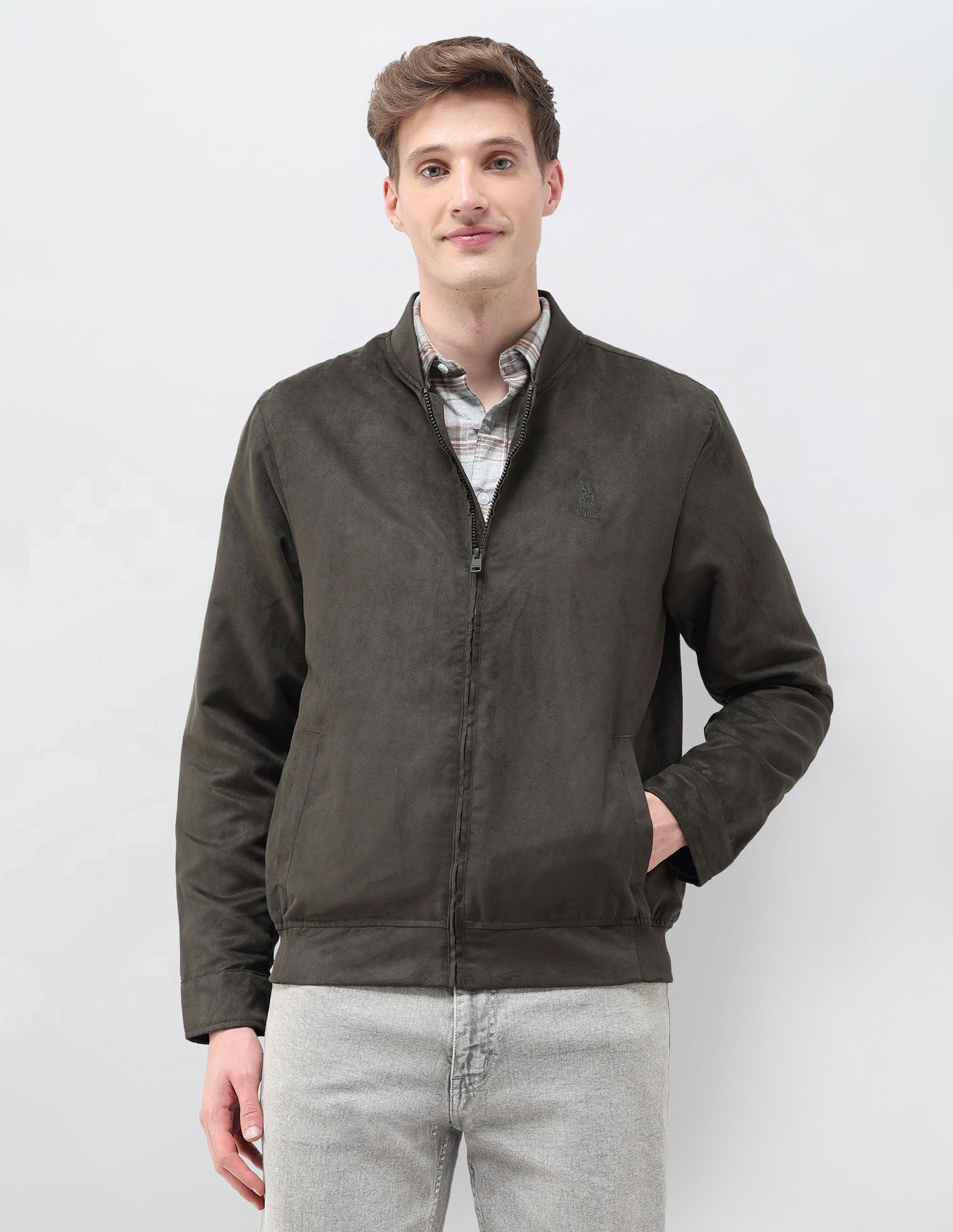 Solid Regular Fit Bomber Jacket Dark Olive - U.S. Polo Assn. India | Large