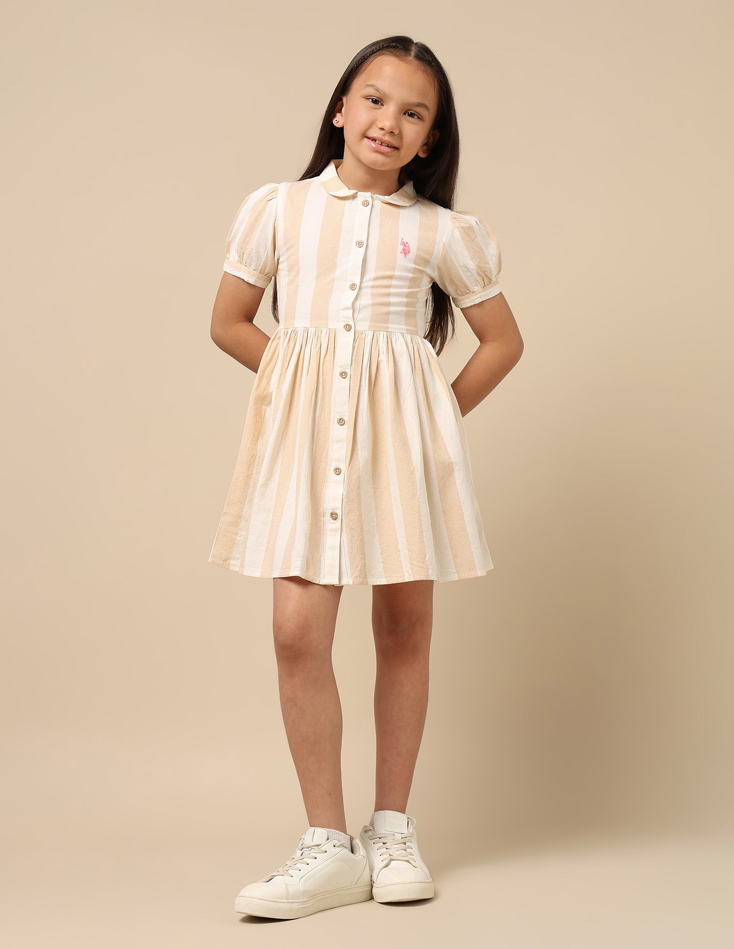 Girls Peter Pan Collar Shirt Dress Beige and Off White - U.S. Polo Assn. India | Large