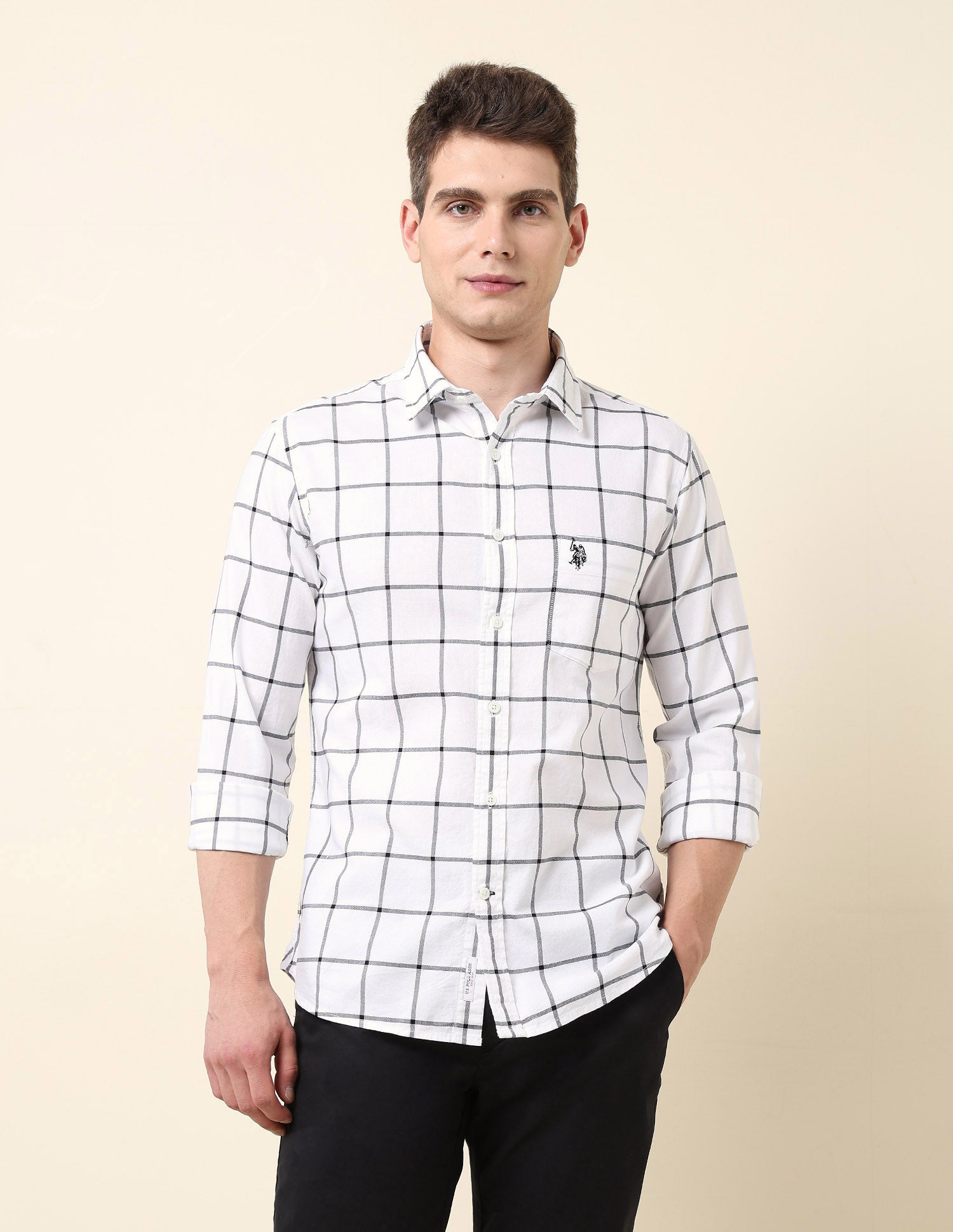 Windowpane Checked Tailored Fit Shirt Black - U.S. Polo Assn. India | Large