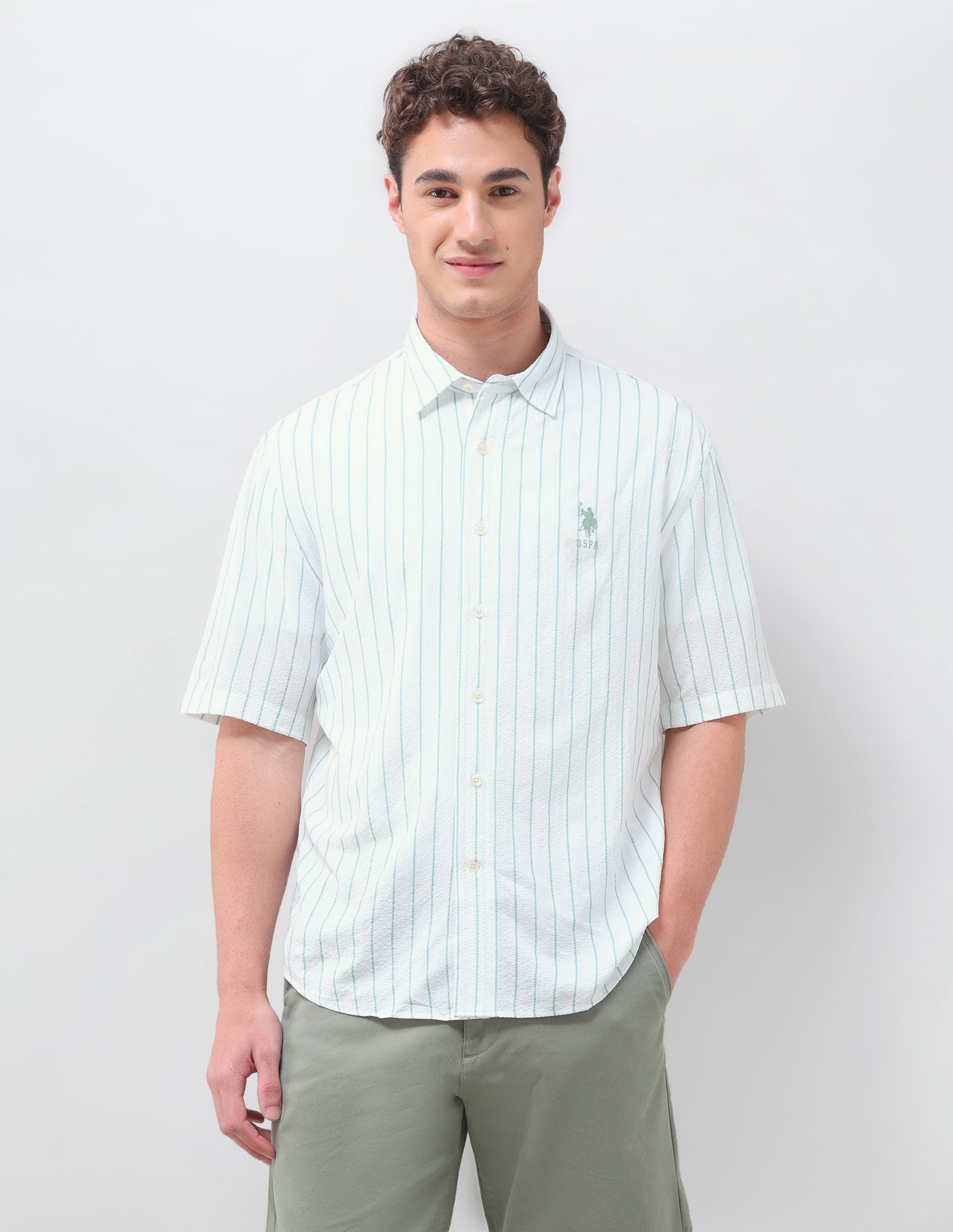 Vertical Striped Crinkle Weave Shirt Green - U.S. Polo Assn. India | Large