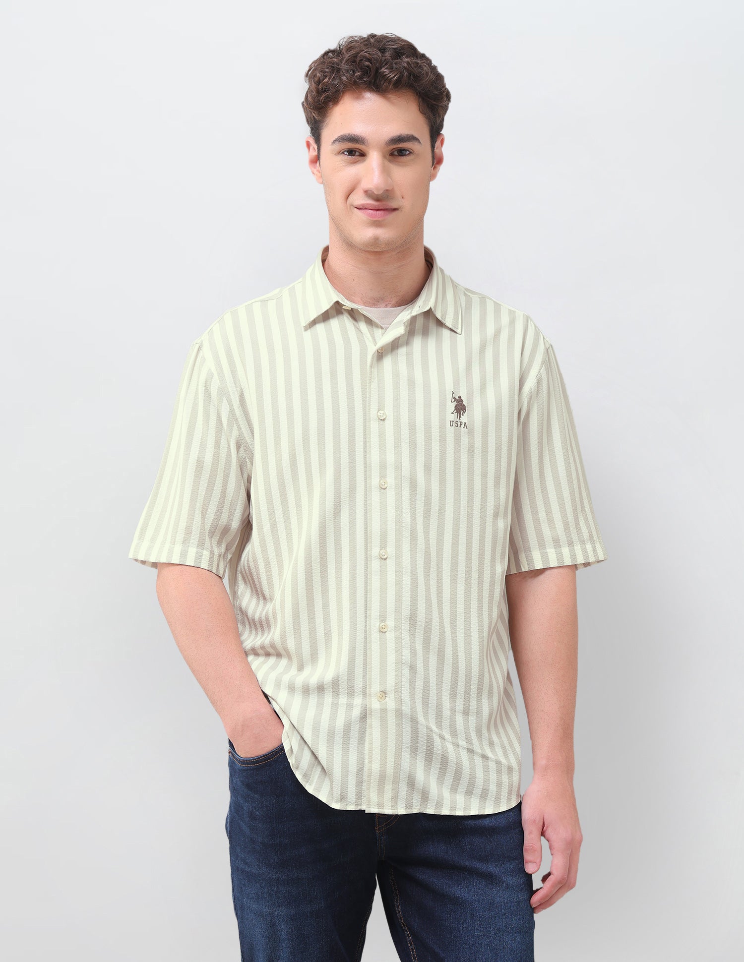 Vertical Striped Seersucker Weave Shirt Light Khaki - U.S. Polo Assn. India | Large