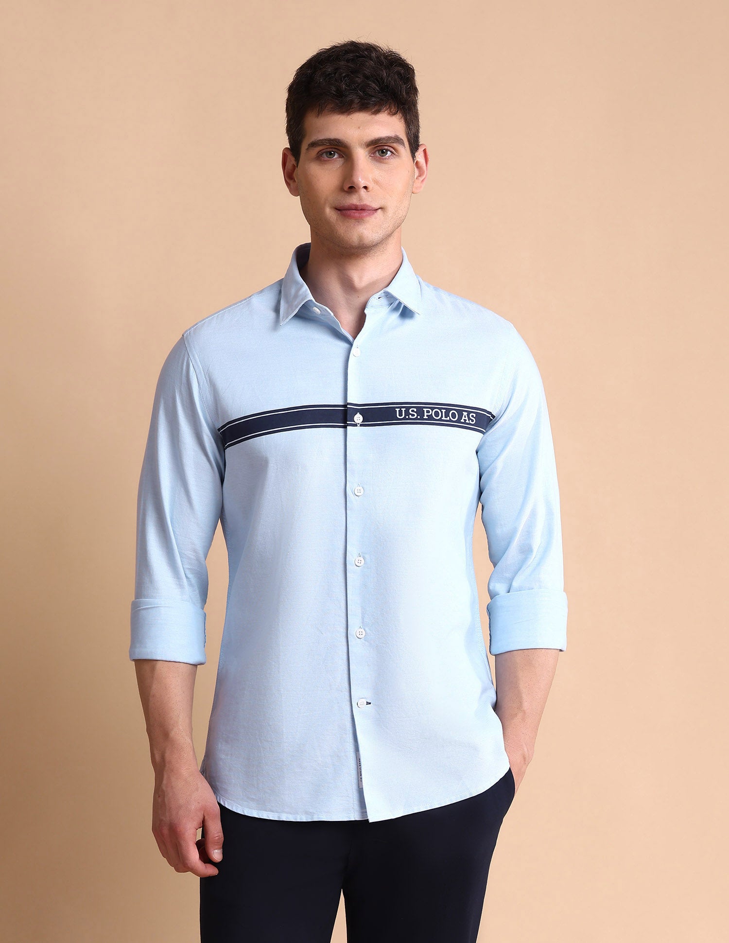 Brand Printed Tailored Fit Oxford Shirt Blue - U.S. POLO ASSN. | Large