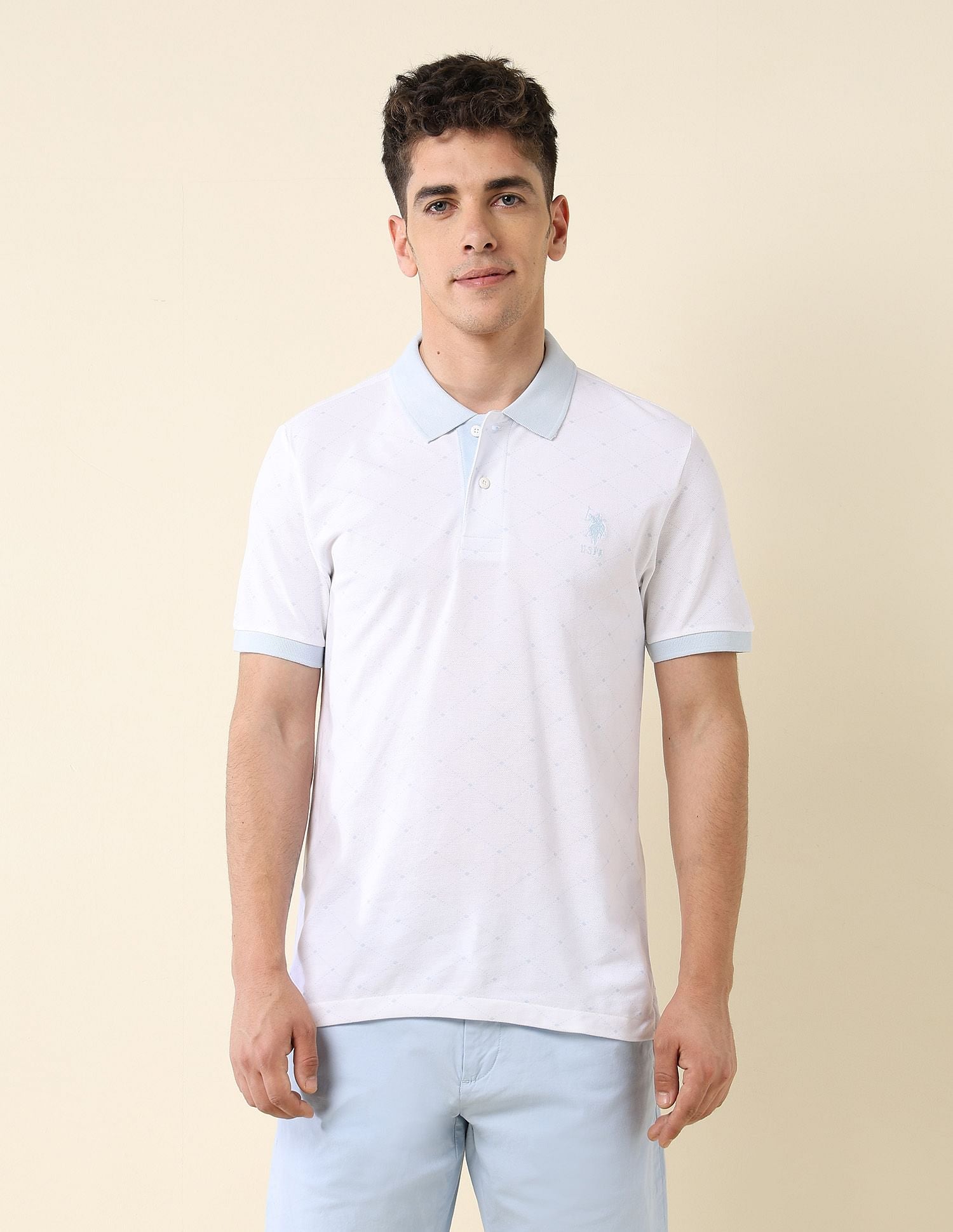 Slim Fit Contrast Collar Polo Shirt White - U.S. Polo Assn. India | Large