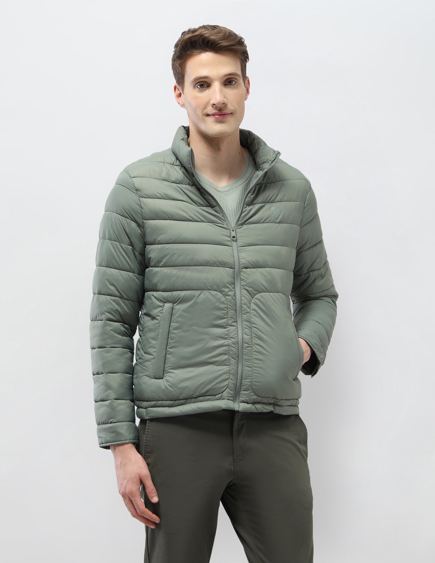 Solid Regular Fit Puffer Jacket Green - U.S. Polo Assn. India | Large