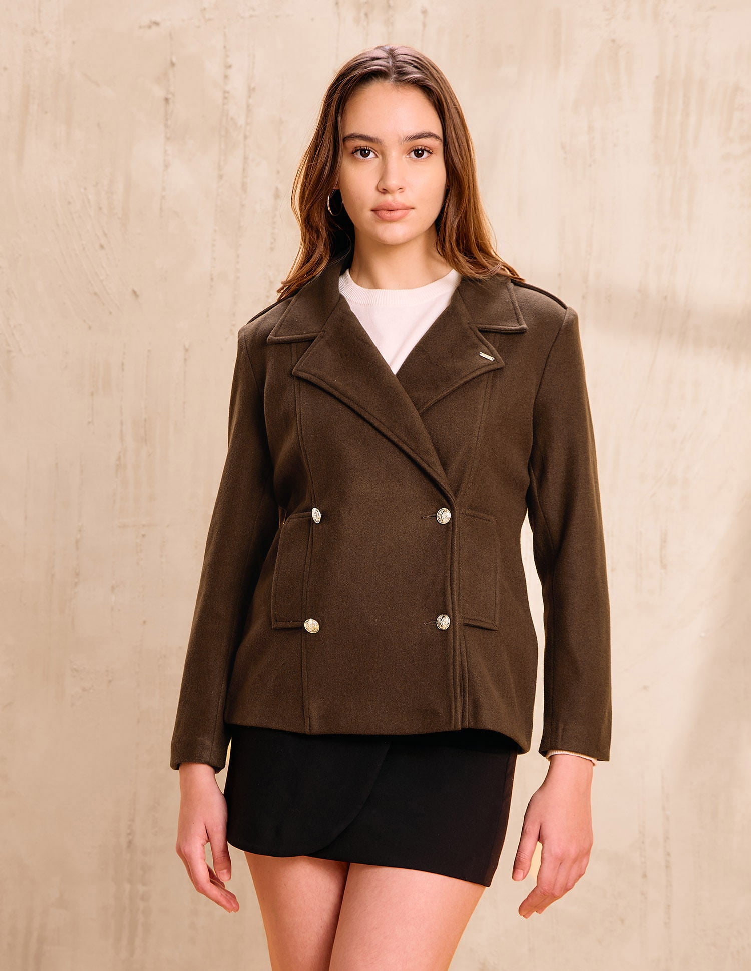 Solid Regular Fit Double Breasted Jacket Brown - U.S. POLO ASSN. | Large