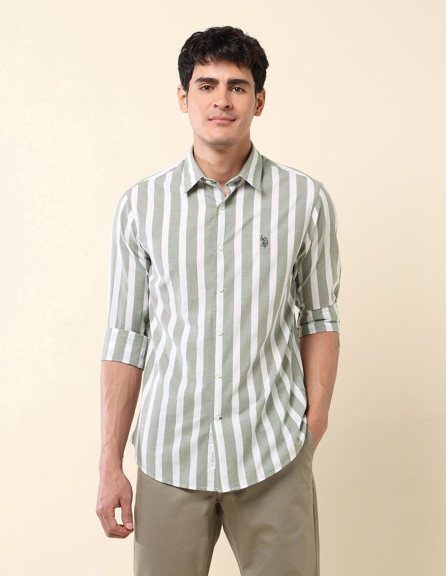 Vertical Striped Pure Cotton Shirt Green - U.S. Polo Assn. India | Large