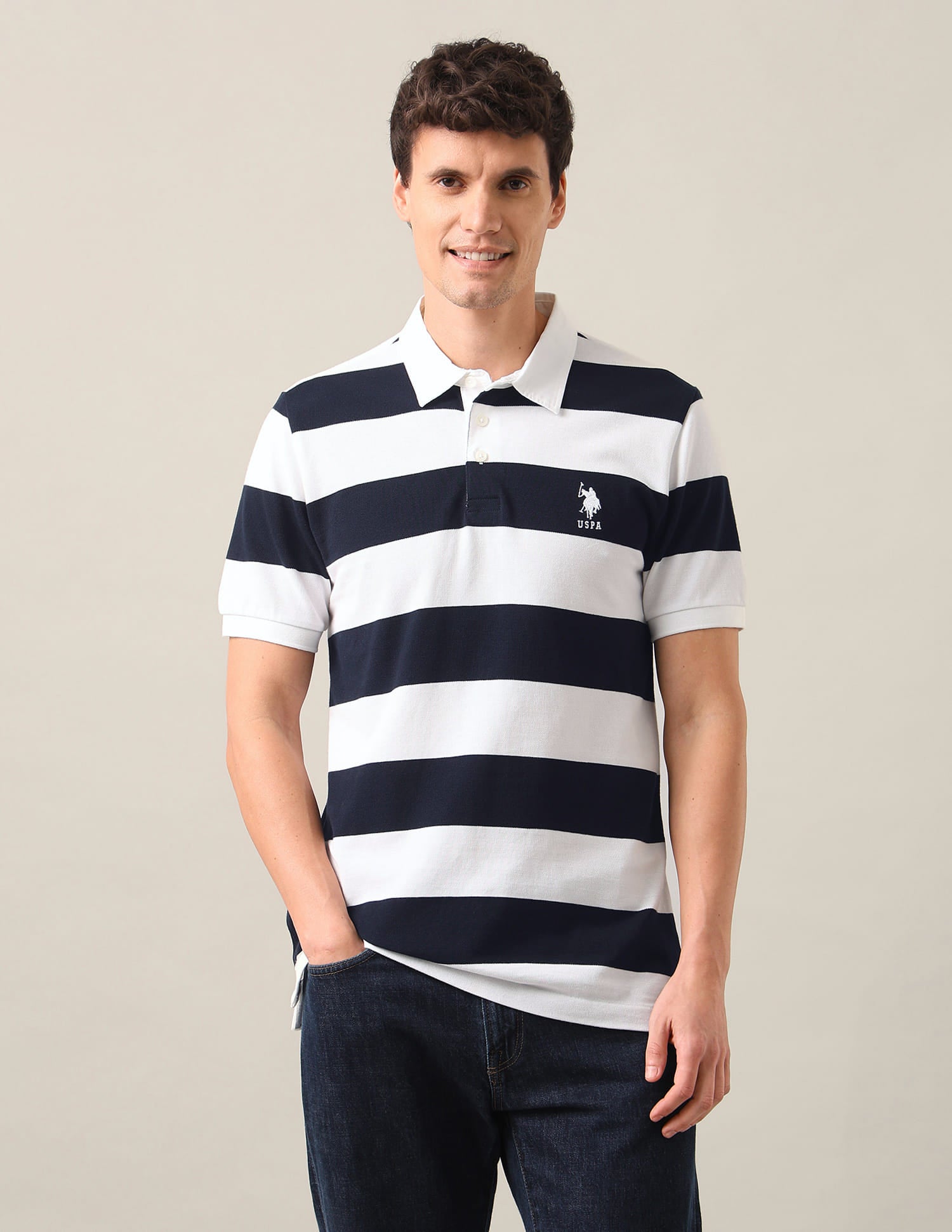Horizontal Striped Slim Fit Polo Shirt White - U.S. Polo Assn. India | Large