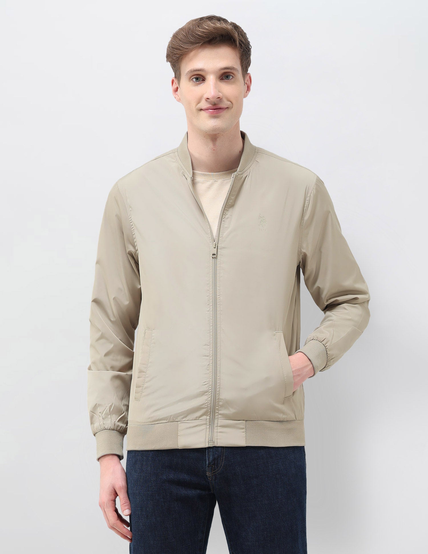 Solid Regular Fit Bomber Jacket Ecru - U.S. Polo Assn. India | Large