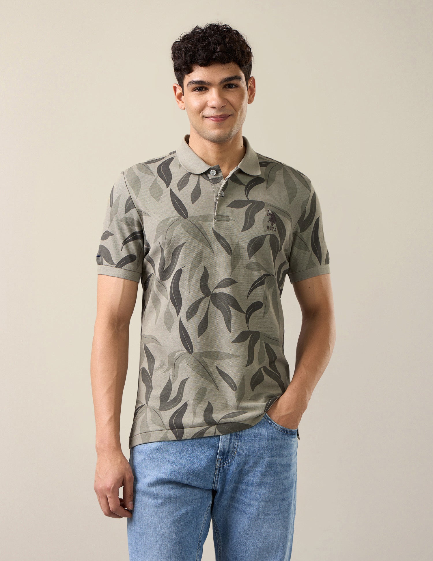 Tropical Printed Slim Fit Polo Shirt Olive - U.S. Polo Assn. India | Large