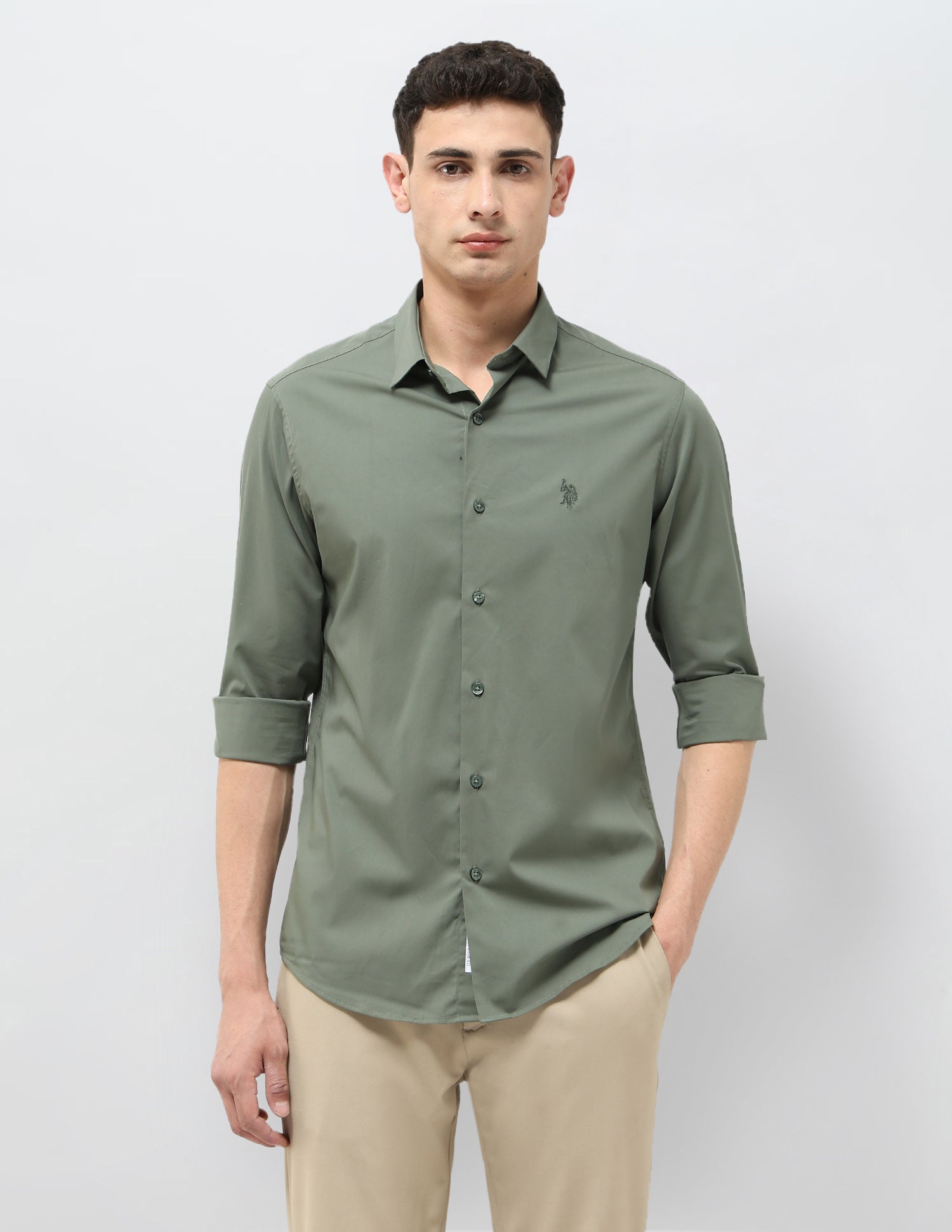 Poplin Tailored Fit Shirt Green - U.S. POLO ASSN. | Large