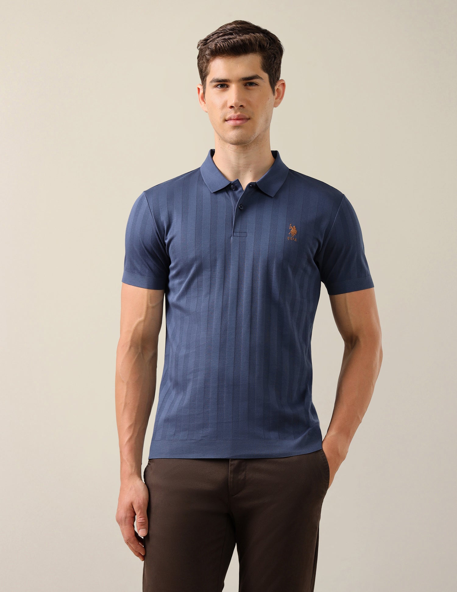 Self Design Vertical Striped Slim Fit Polo Shirt Blue - U.S. Polo Assn. India | Large