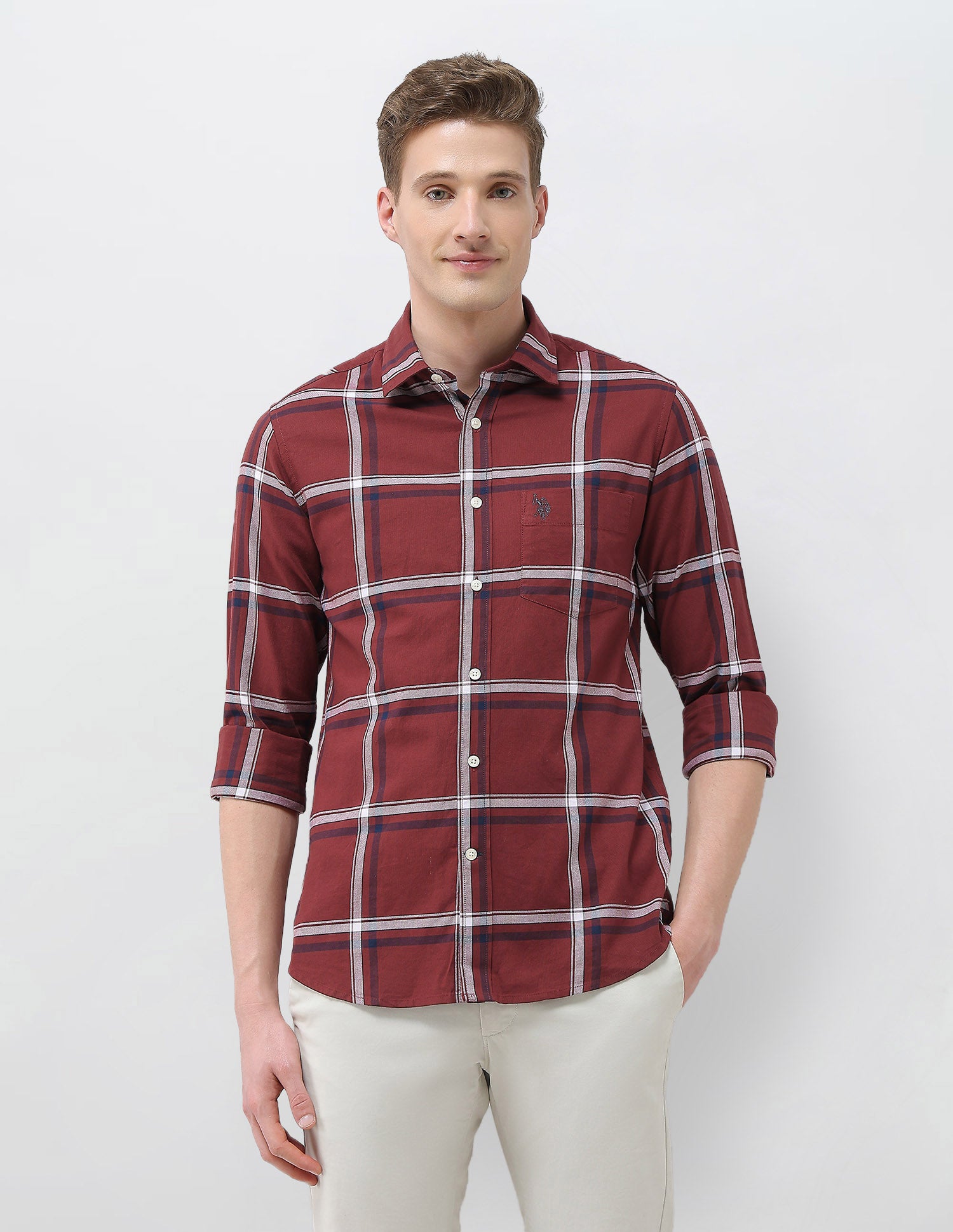 Windowpane Checked New Port Marina Shirt Maroon - U.S. Polo Assn. India | Large