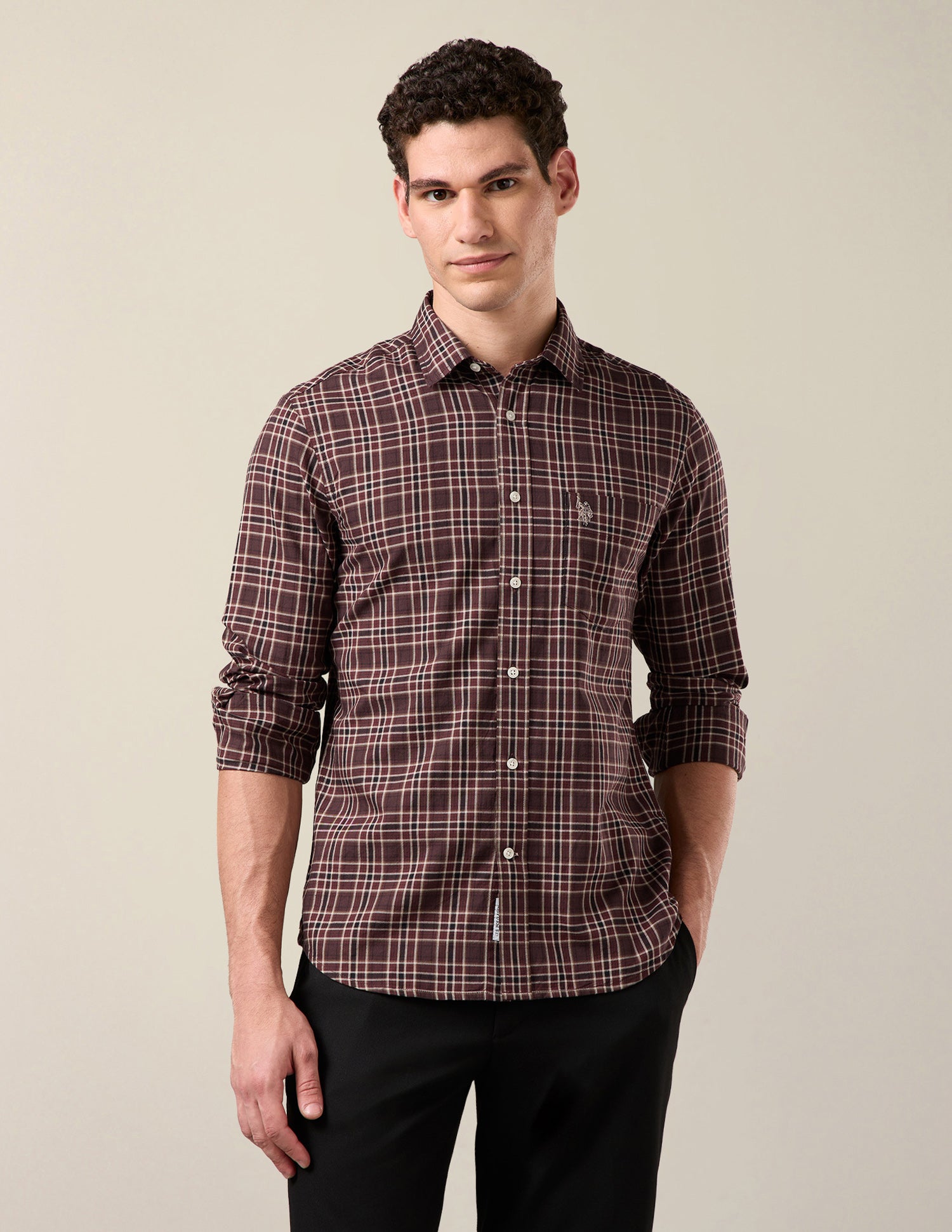 Grid Tattersall Checked Tailored Fit Shirt Maroon - U.S. Polo Assn. India | Large