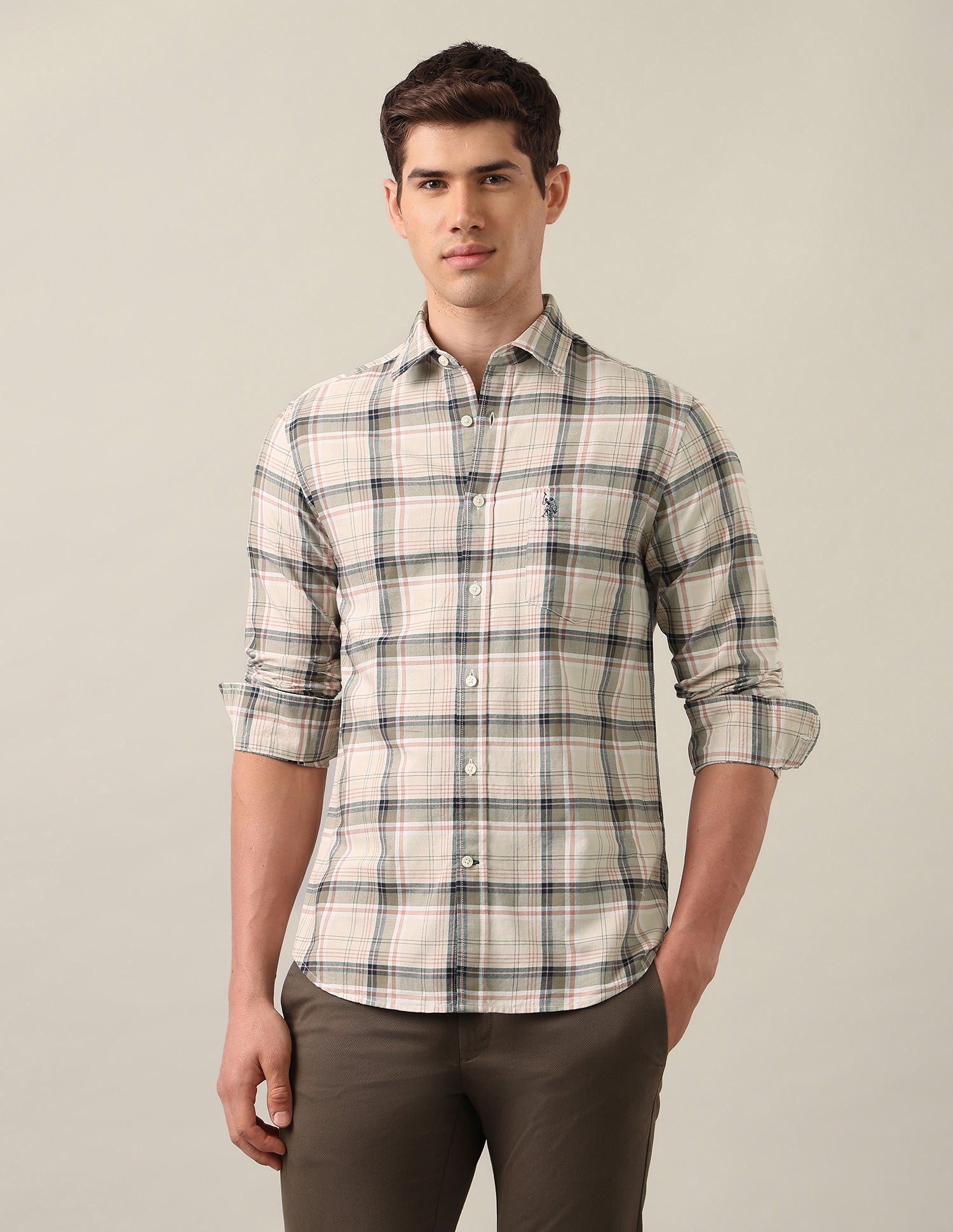 Tartan Checked Oxford Shirt Ivory - U.S. Polo Assn. India | Large