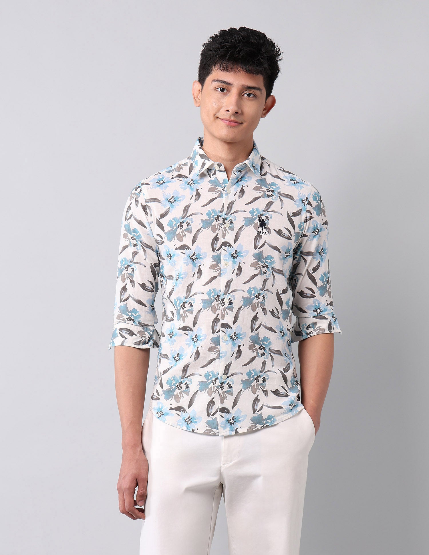 Floral Printed Pure Cotton Shirt Ivory - U.S. POLO ASSN. | Large