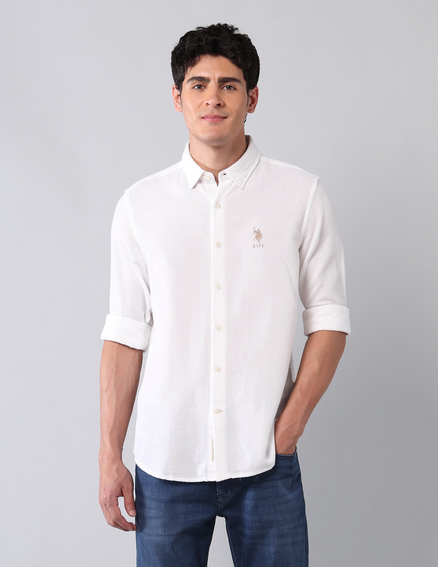 Pure Cotton Regular Fit Dobby Shirt White - U.S. Polo Assn. India | Large