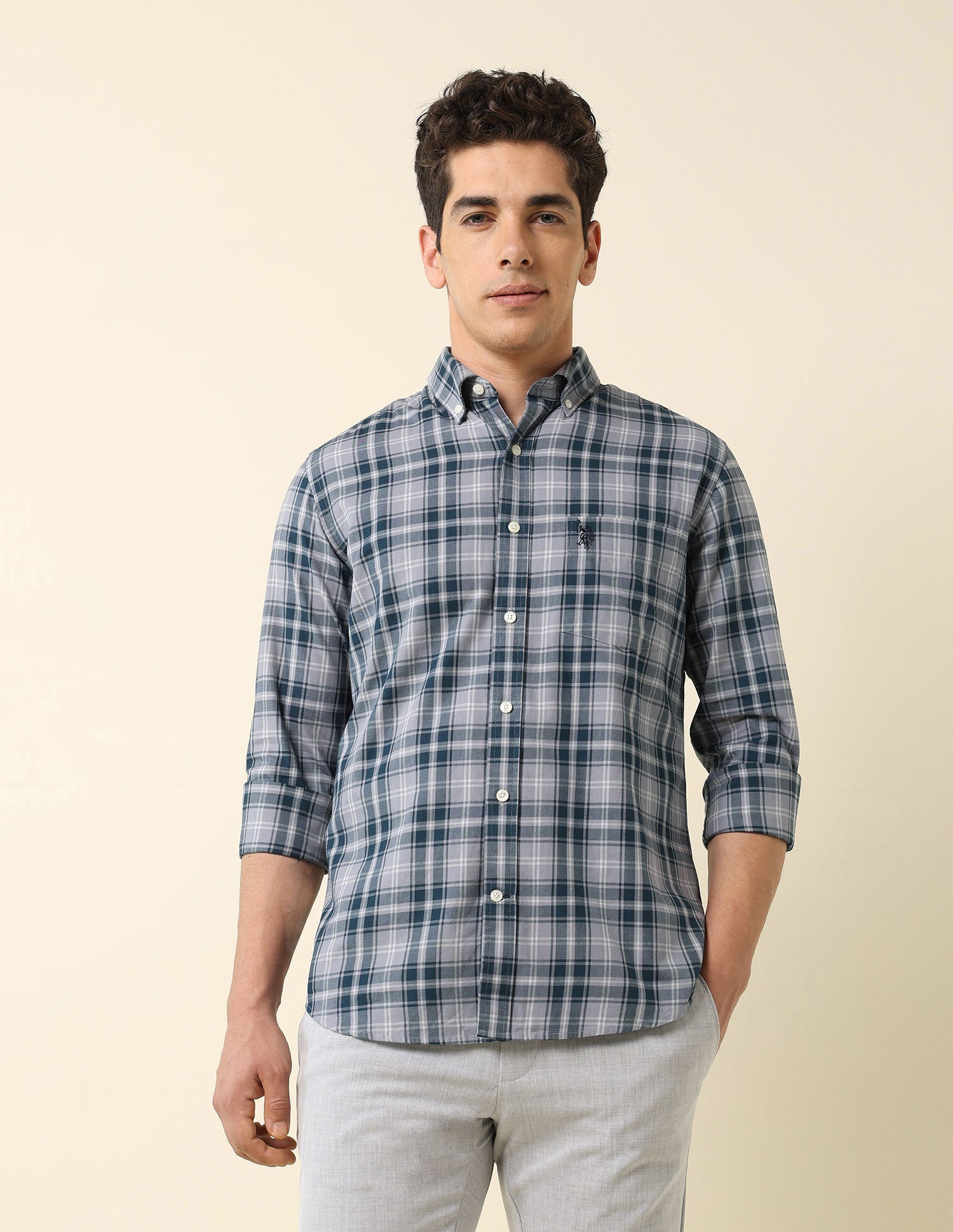 Pure Cotton Grid Tattersall Checked Shirt Grey - U.S. POLO ASSN. | Large