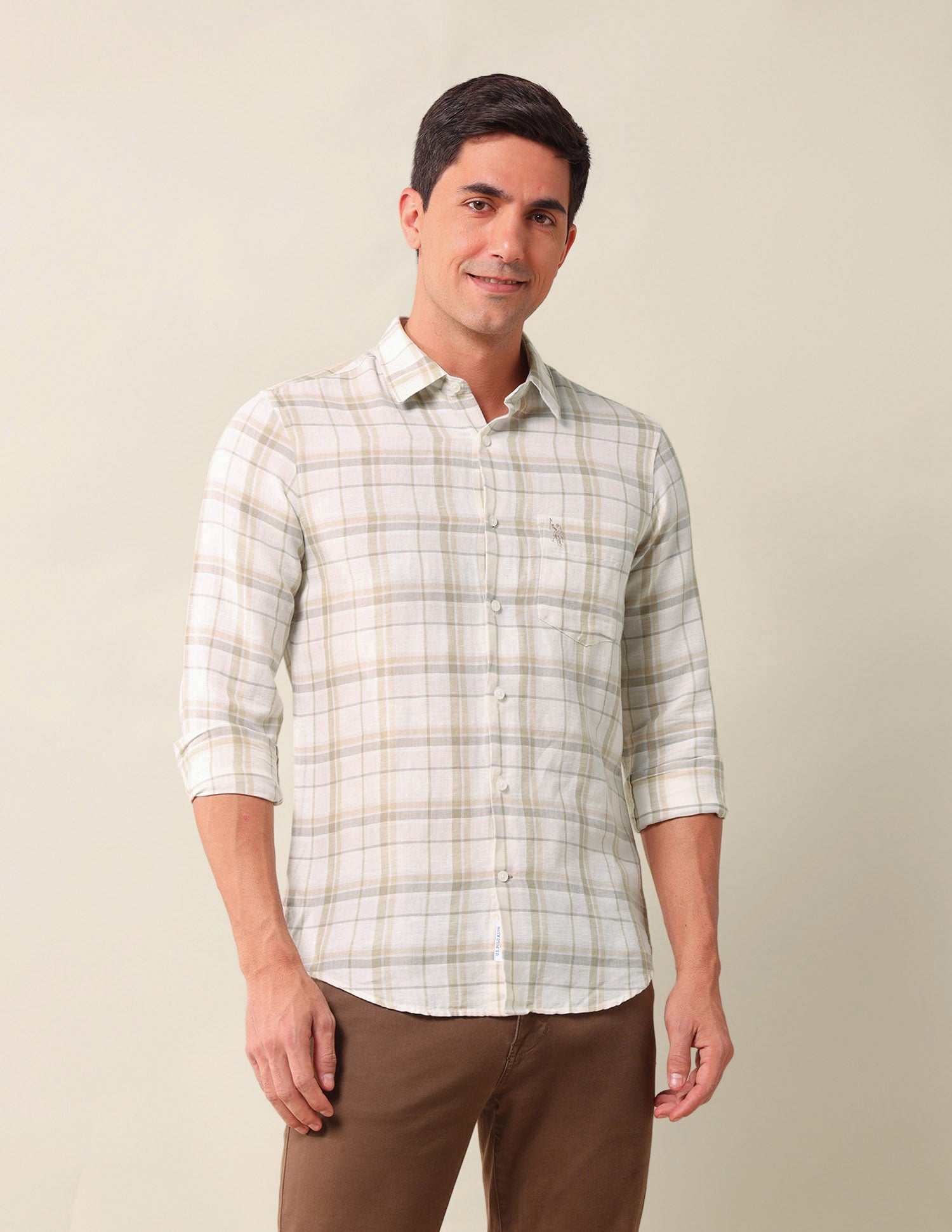 Plaid Checked Tailored Fit Shirt Beige - U.S. Polo Assn. India | Large