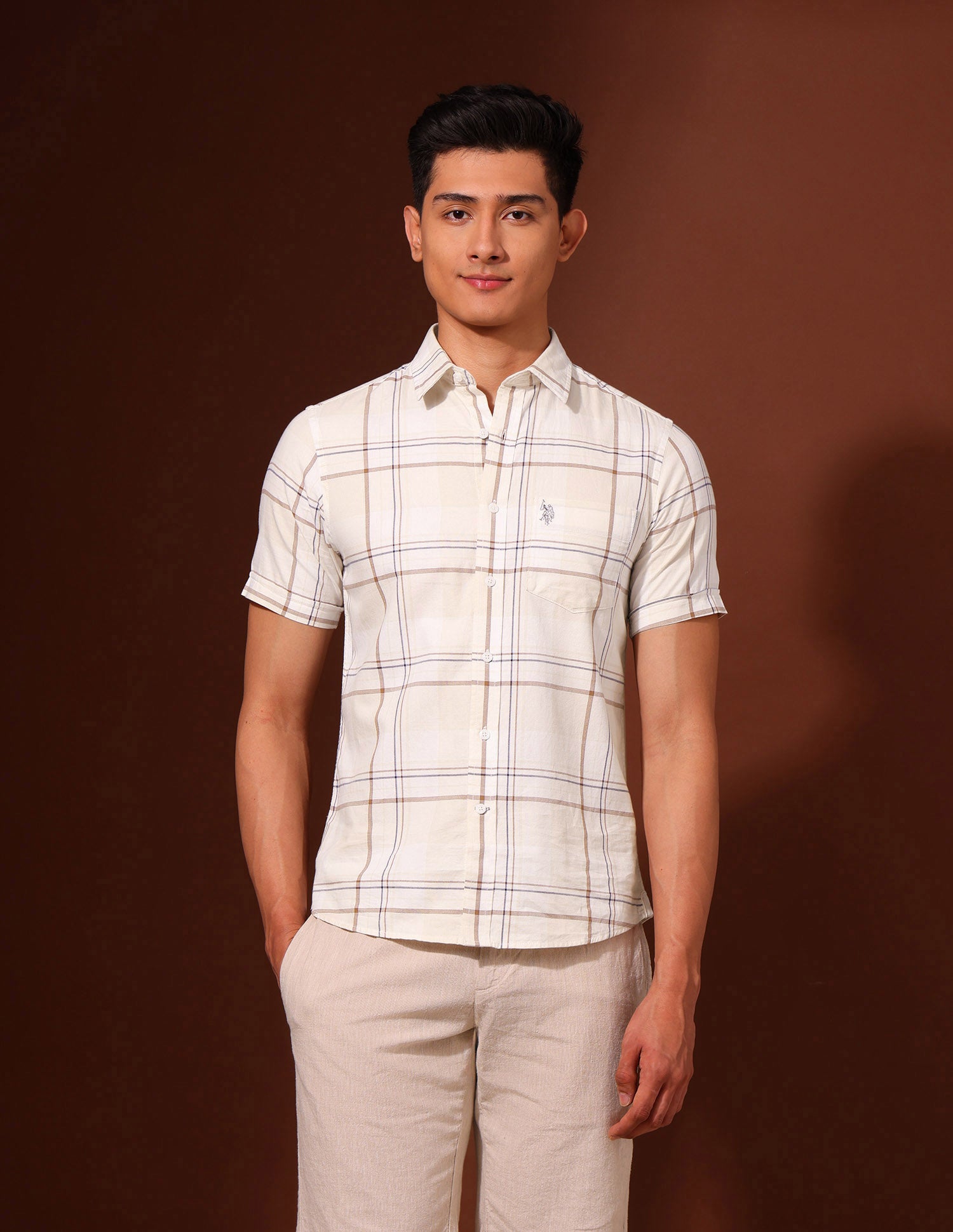 Grid Tattersall Checked Pure Cotton Shirt Ecru - U.S. Polo Assn. India | Large