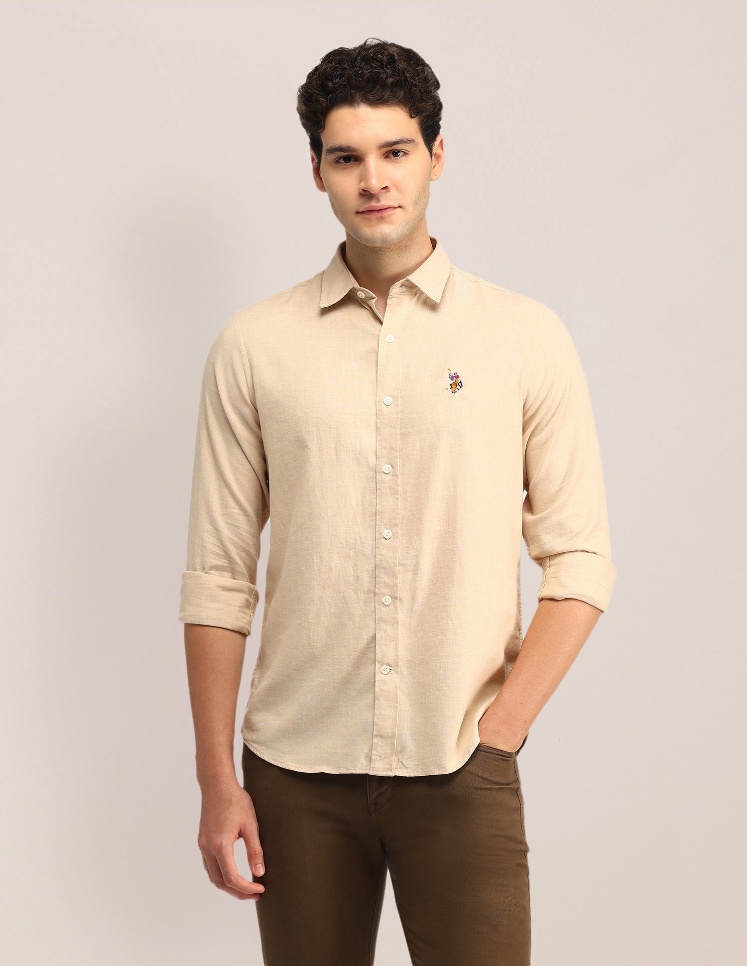 Solid Tailored Fit Shirt Beige - U.S. POLO ASSN. | Large