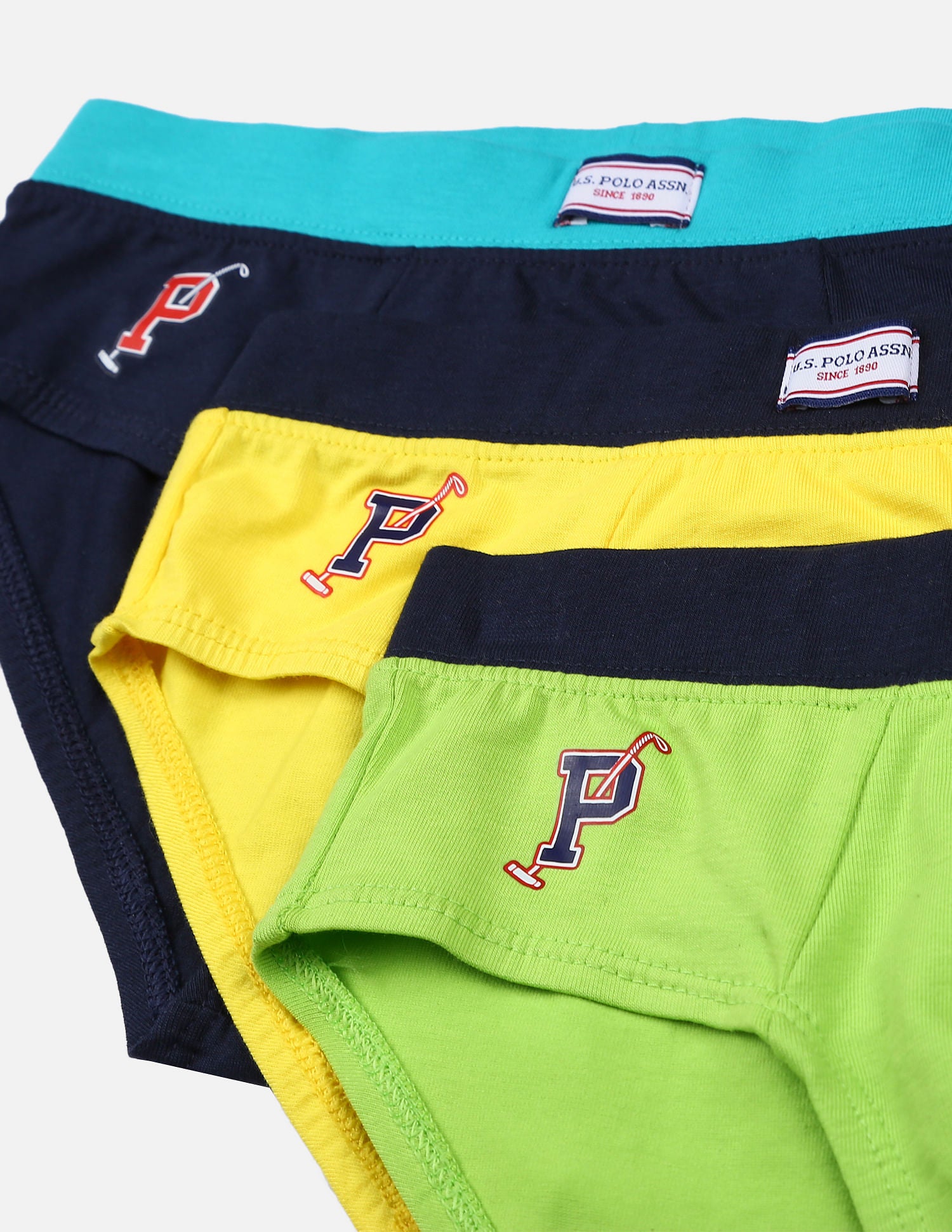Solid Cotton Spandex IKBA Briefs - Pack Of 3 Green, Navy and Yellow - U.S. POLO ASSN. | Large