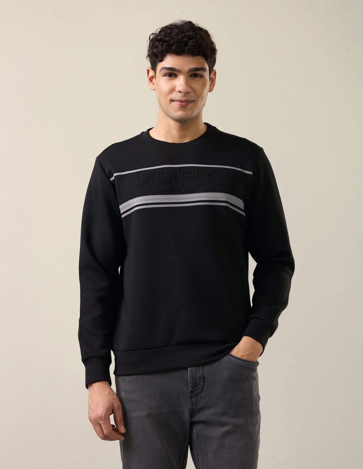 Brand Embossed Regular Fit Sweatshirt Black - U.S. Polo Assn. India | Large