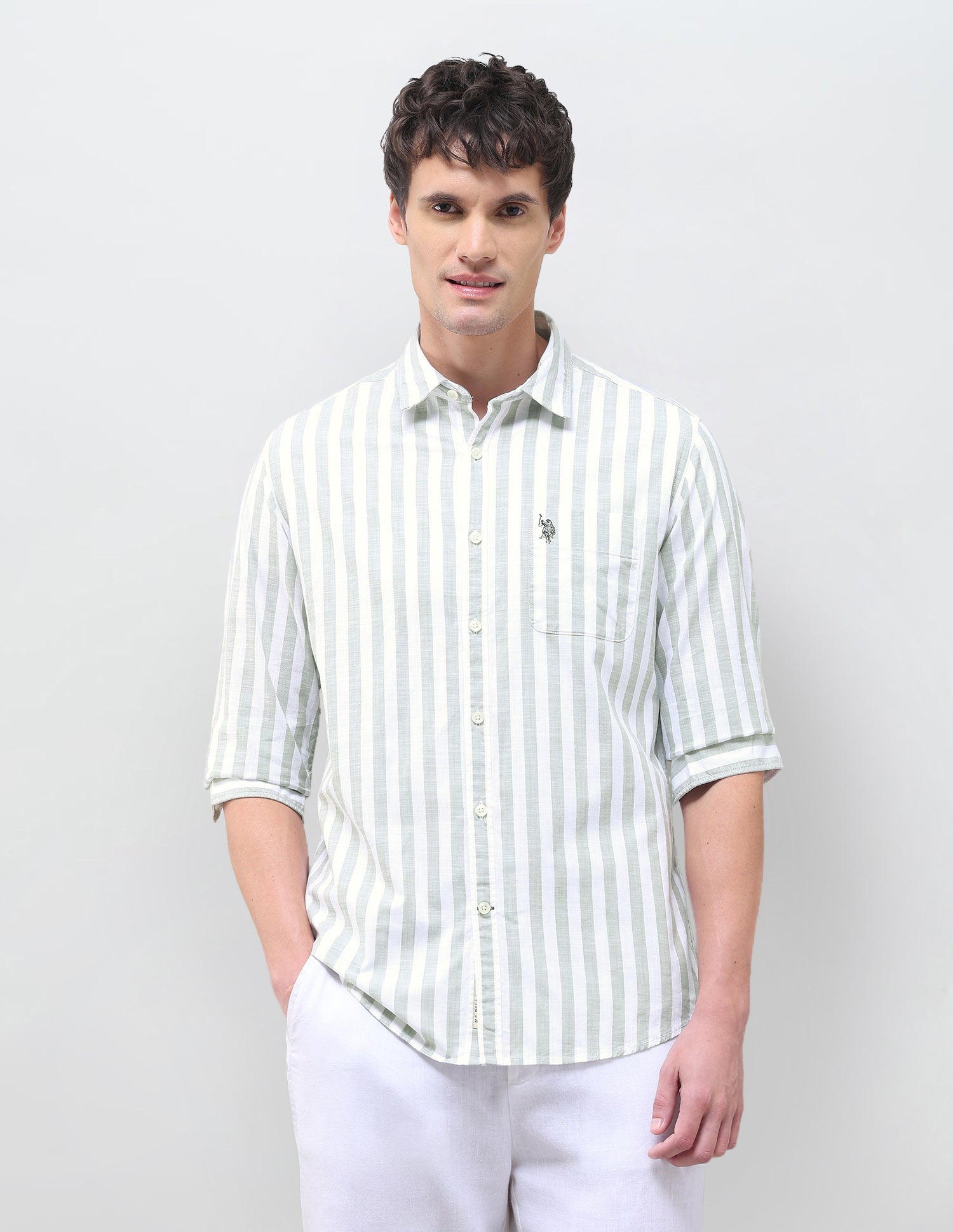 Vertical Striped Regular Fit Shirt Light Green - U.S. Polo Assn. India | Large