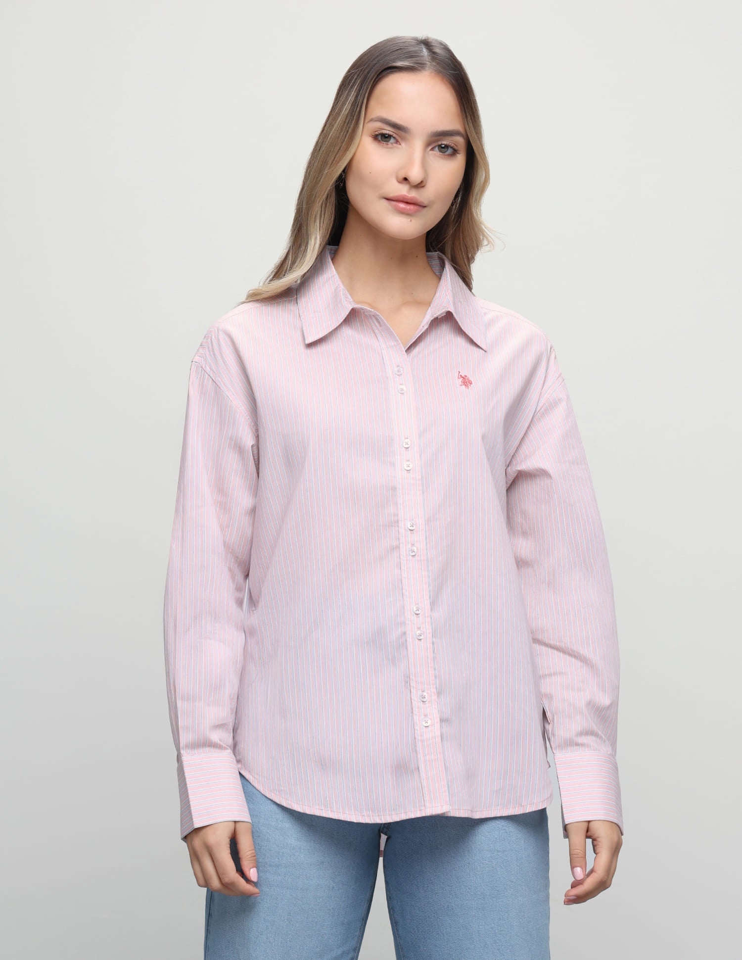 Vertical Striped Boyfriend Fit Shirt Pink - U.S. Polo Assn. India | Large