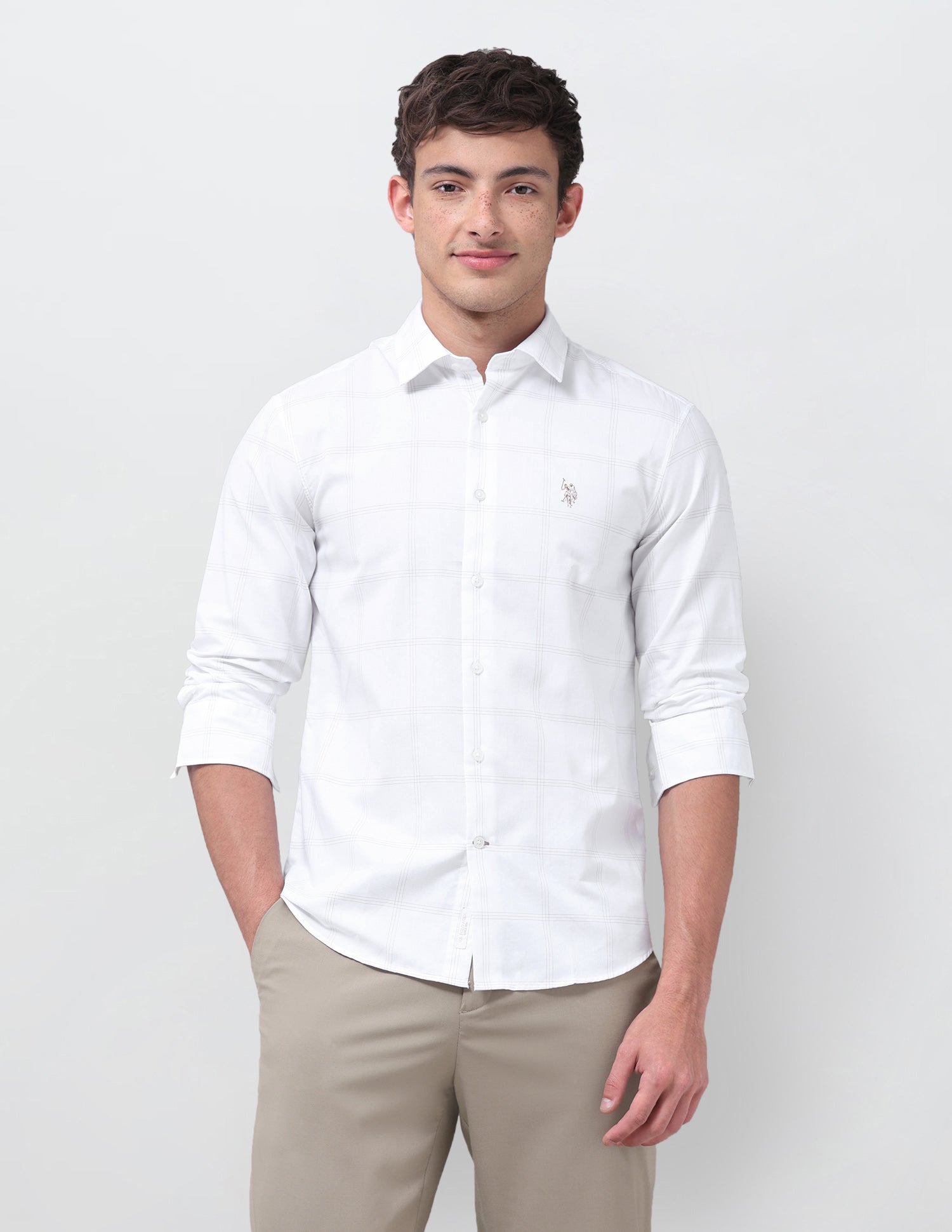 Grid Tattersall Checked Regular Fit Shirt White - U.S. Polo Assn. India | Large
