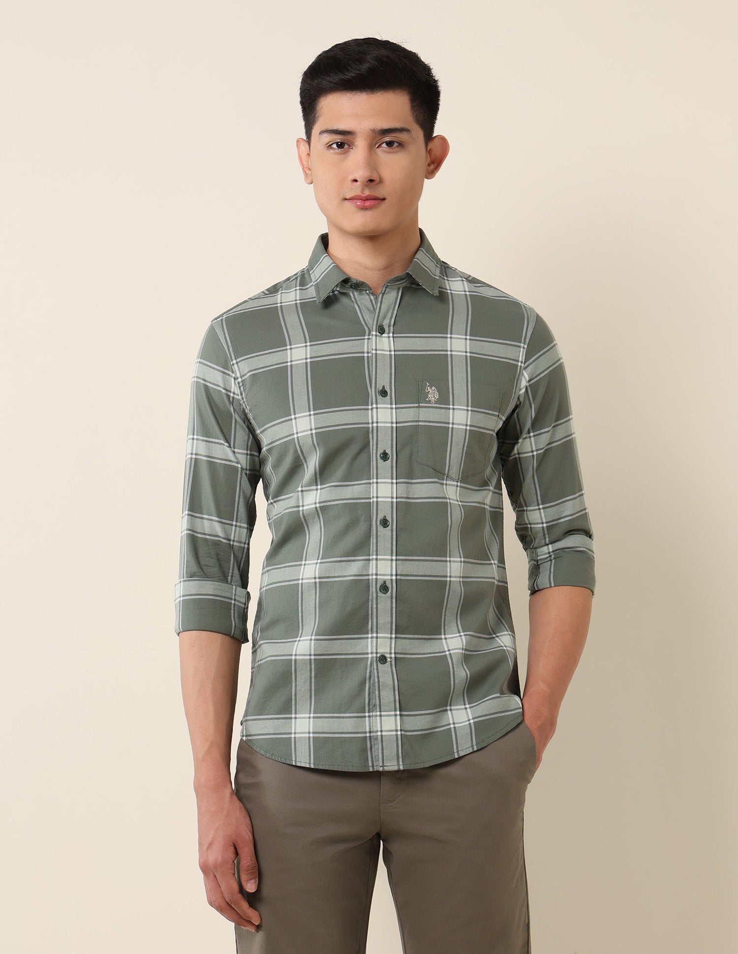 Grid Tattersall Checked Pure Cotton Shirt Light Olive - U.S. Polo Assn. India | Large